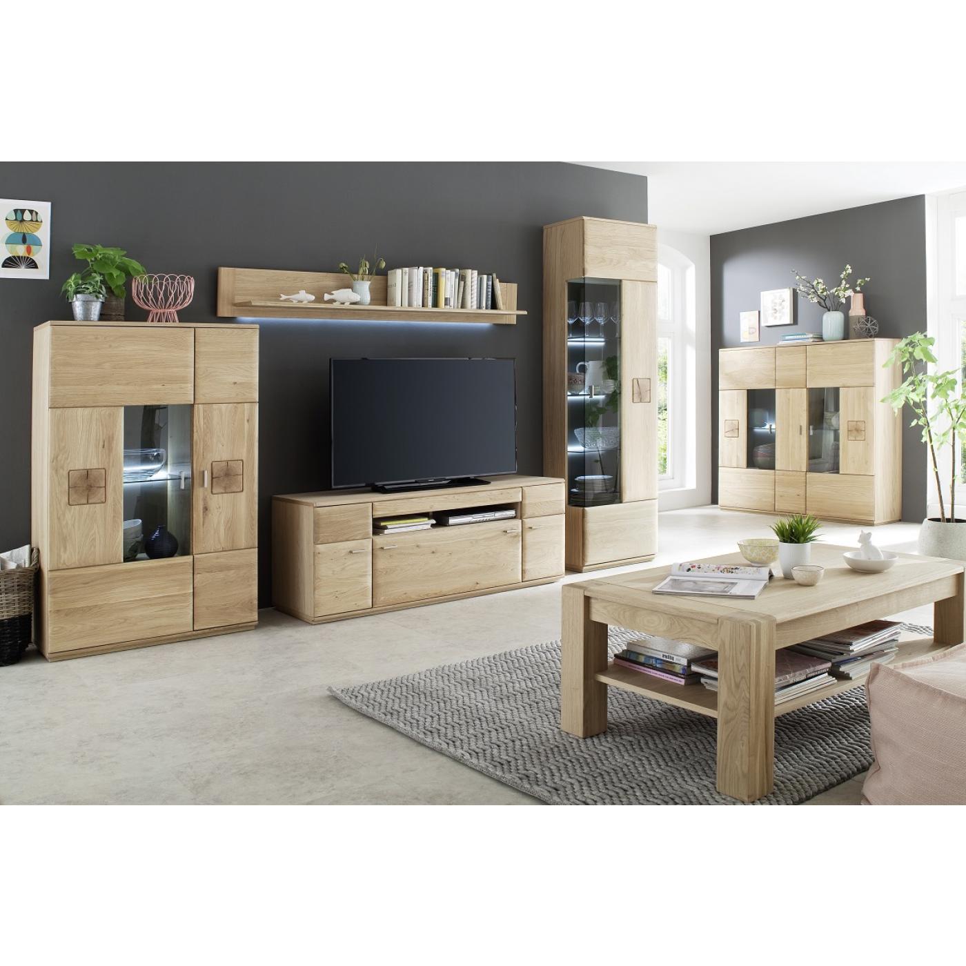 Wohnwand Anbauwand I Bologna 3 | Eiche Bianco | 4-teilig | LED Beleuchtung