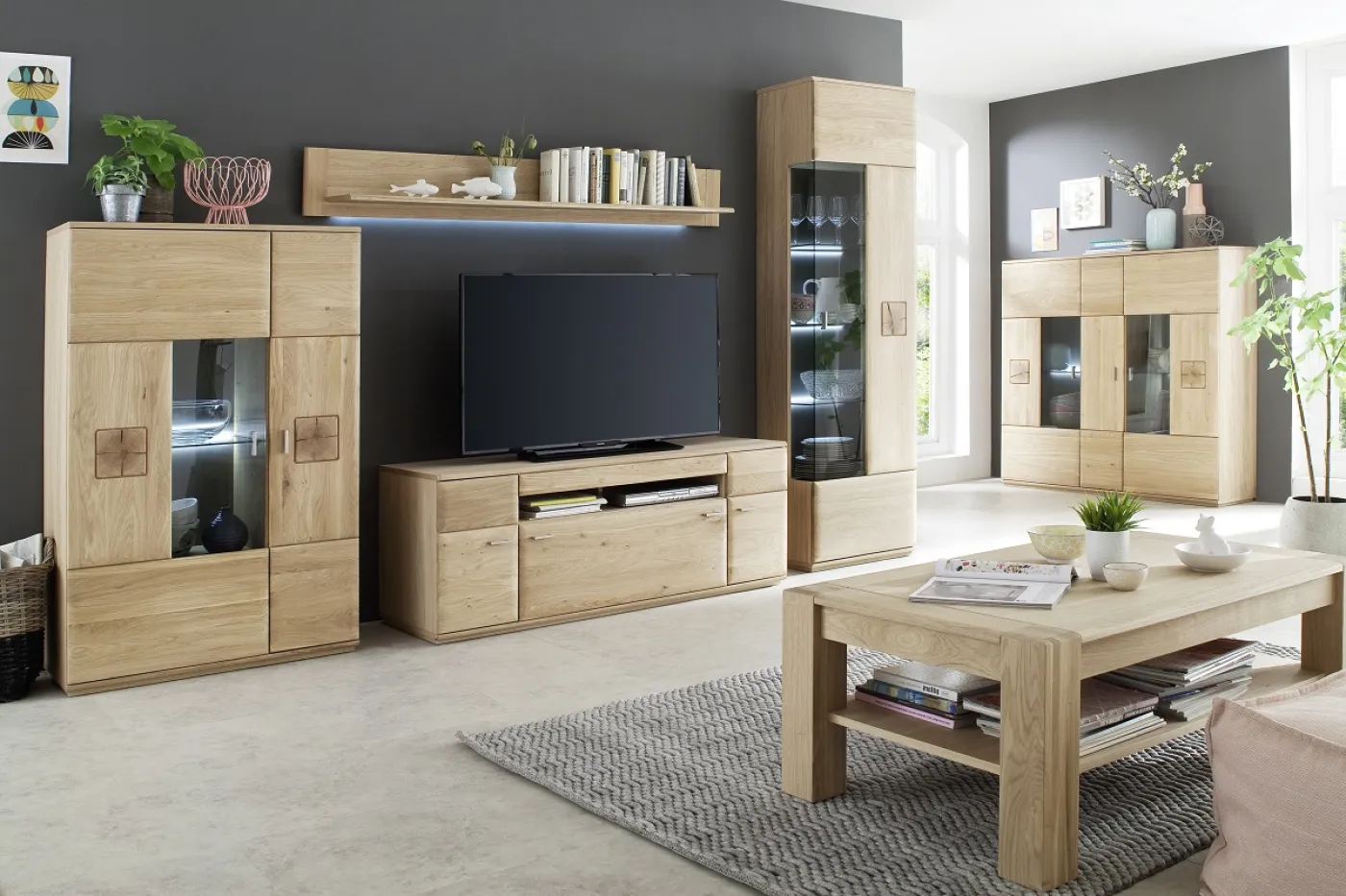 Wohnwand Anbauwand I Bologna 3 | Eiche Bianco | 4-teilig