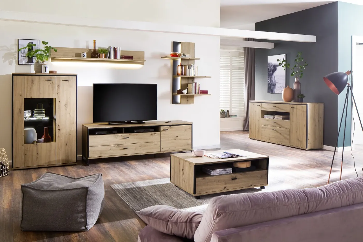 Wohnwand Anbauwand II Buenos Aires | Balkeneiche | 4-teilig | LED Beleuchtung