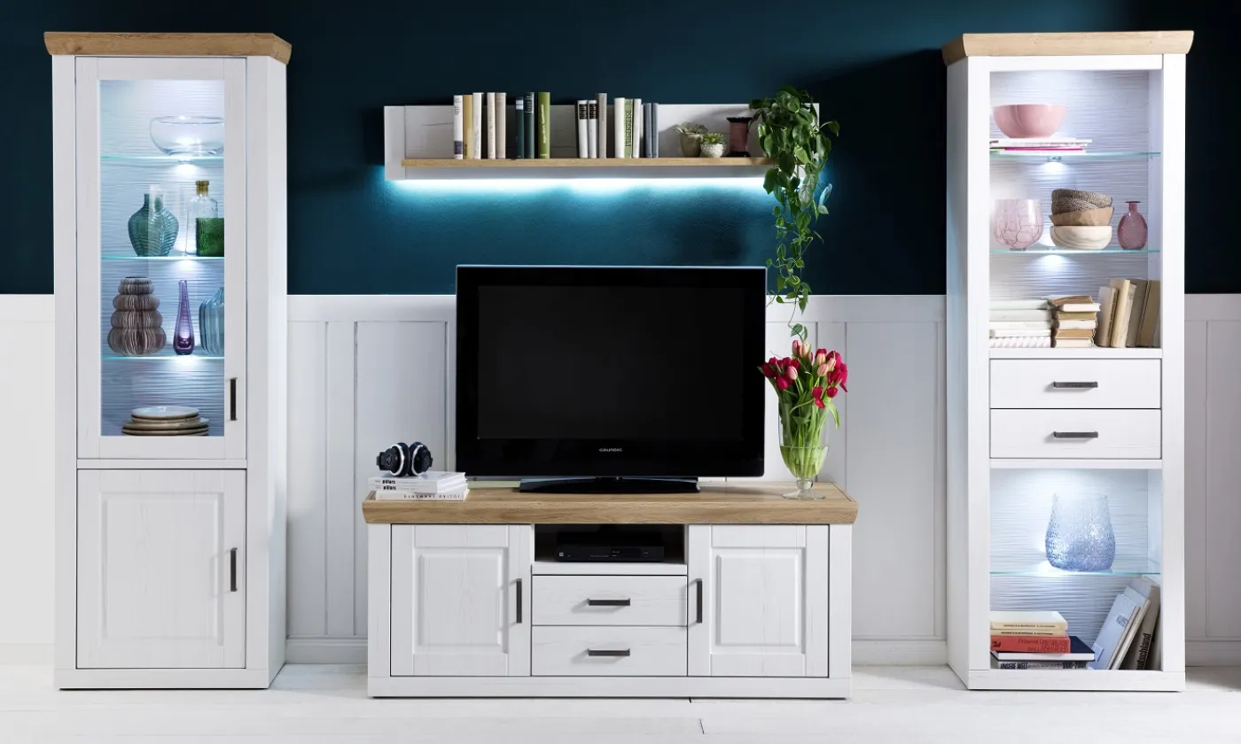 Wohnwand Anbauwand III Brixen | Landhaus modern | Pinie Aurelio / Grandson Oak | 4-teilig | LED Beleuchtung