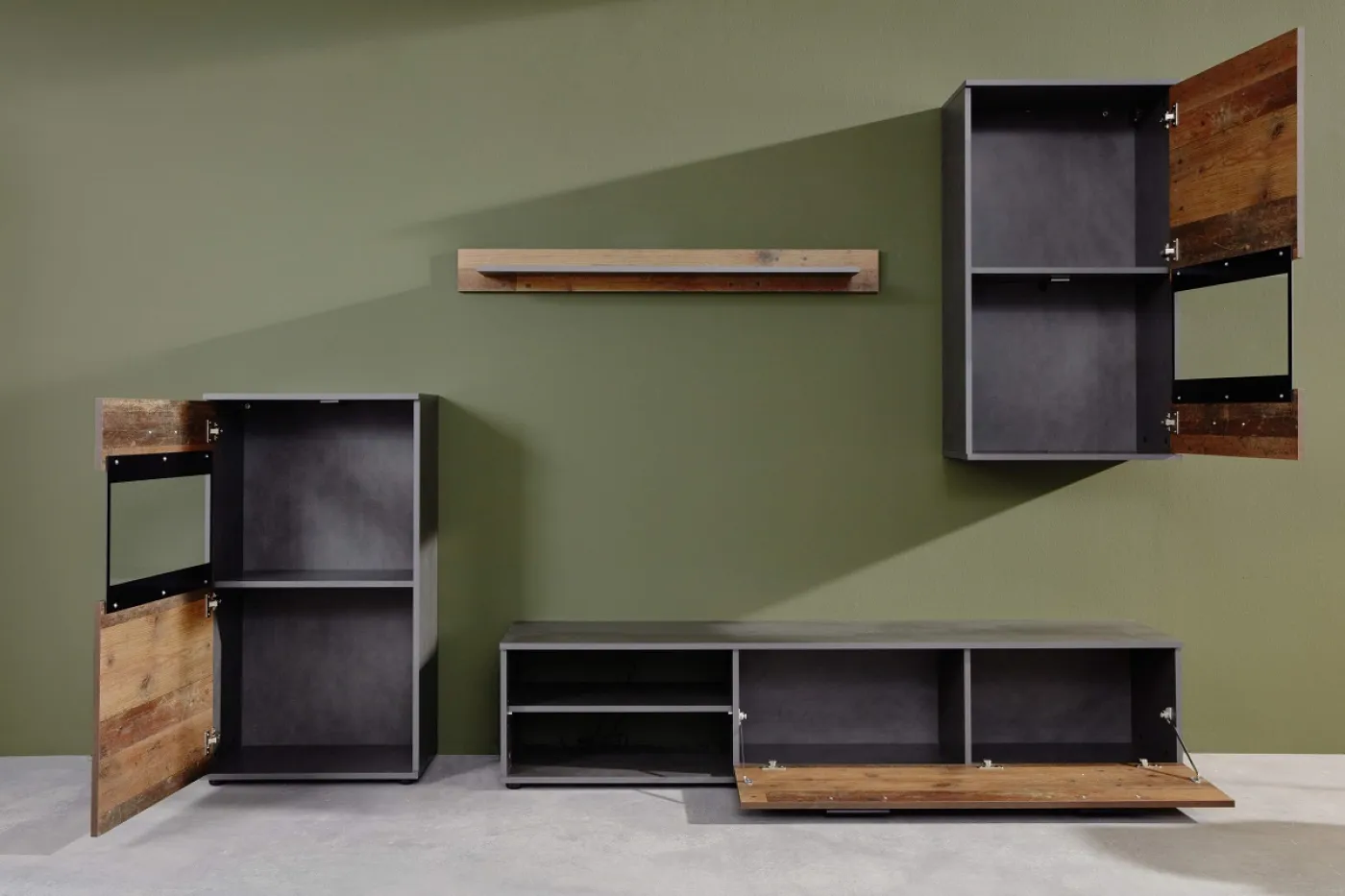 Wohnwand Anbauwand Mango | Old Used Wood / Matera grau | 4-teilig | LED Beleuchtung