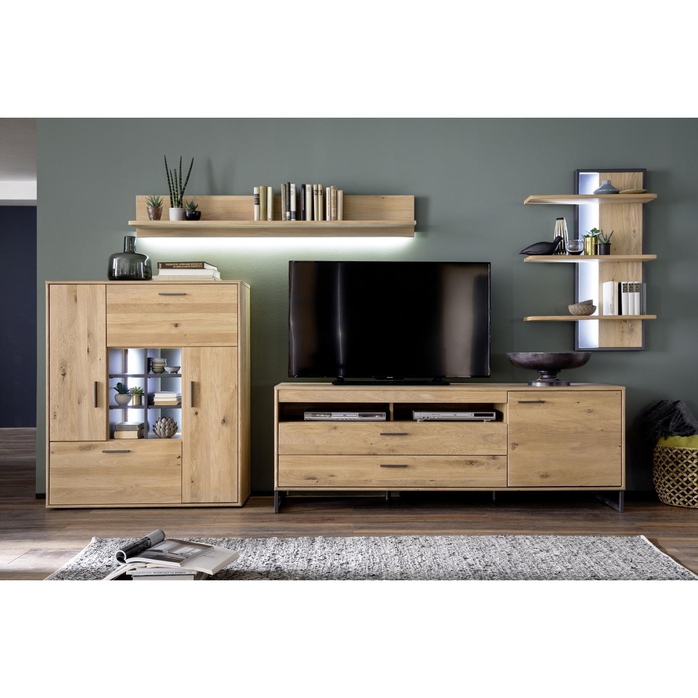 Wohnwand Anbauwand Portland | Asteiche Bianco massiv | 4-teilig | LED Beleuchtung