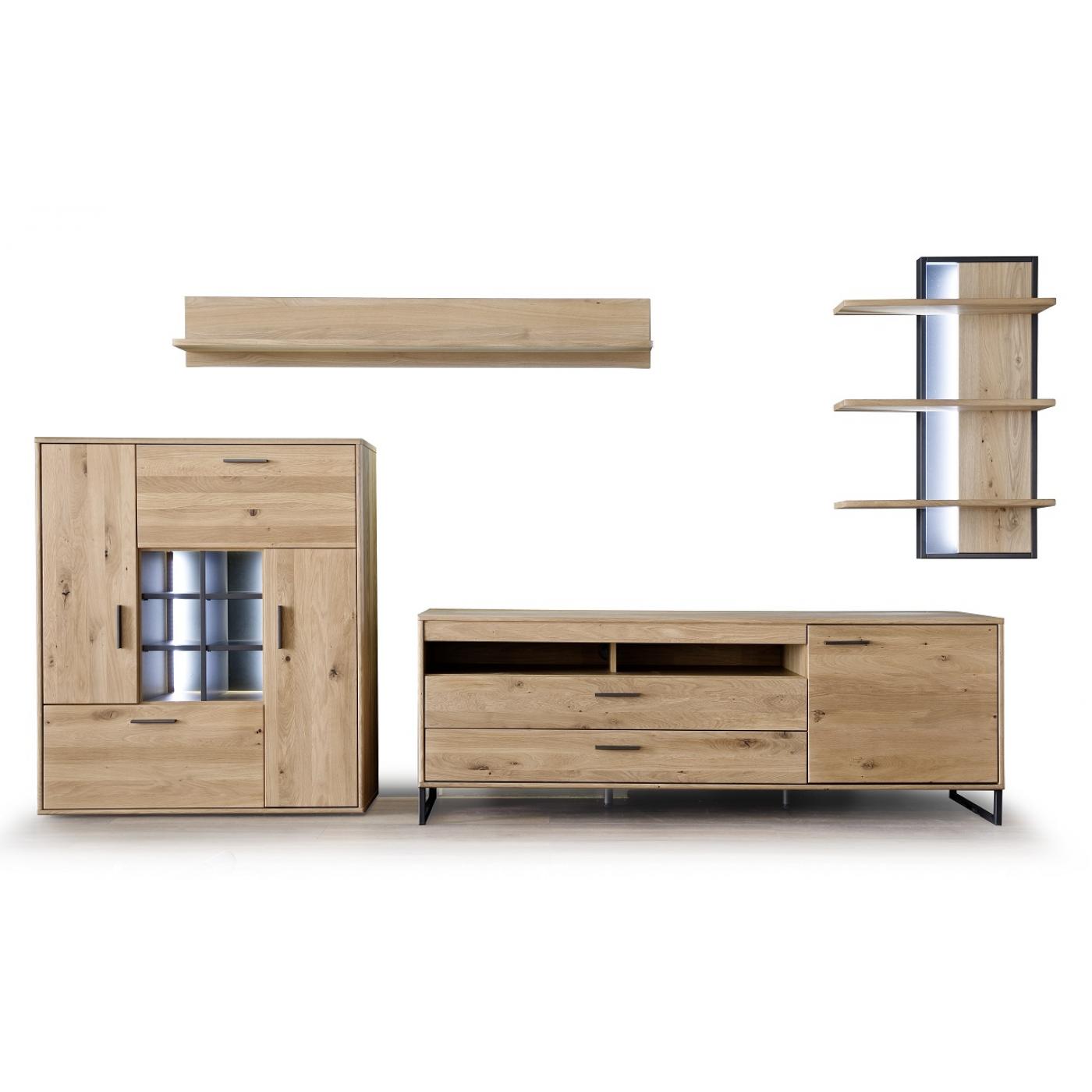 Wohnwand Anbauwand Portland | Asteiche Bianco massiv | 4-teilig | LED Beleuchtung