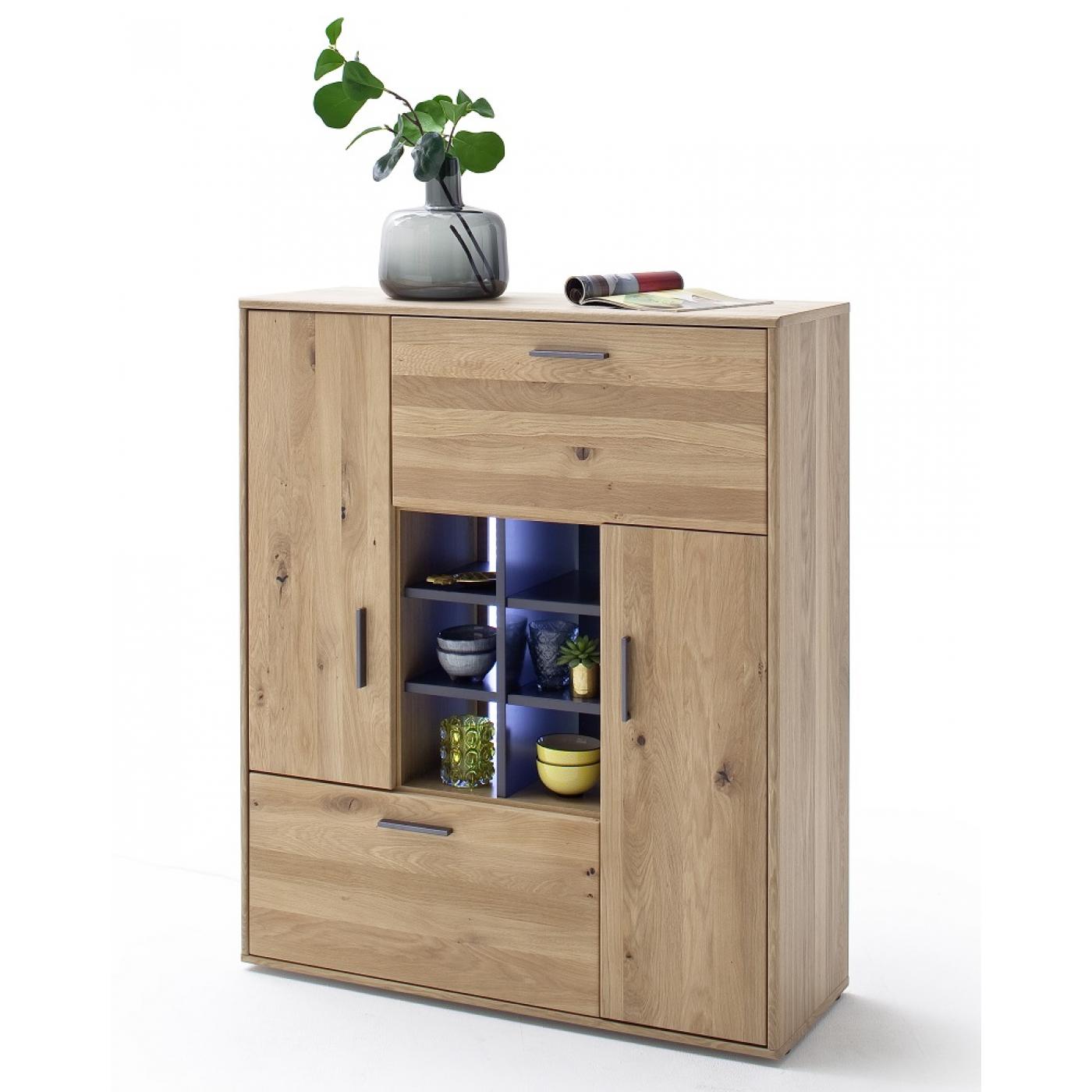 Wohnwand Anbauwand Portland | Asteiche Bianco massiv | 4-teilig | LED Beleuchtung