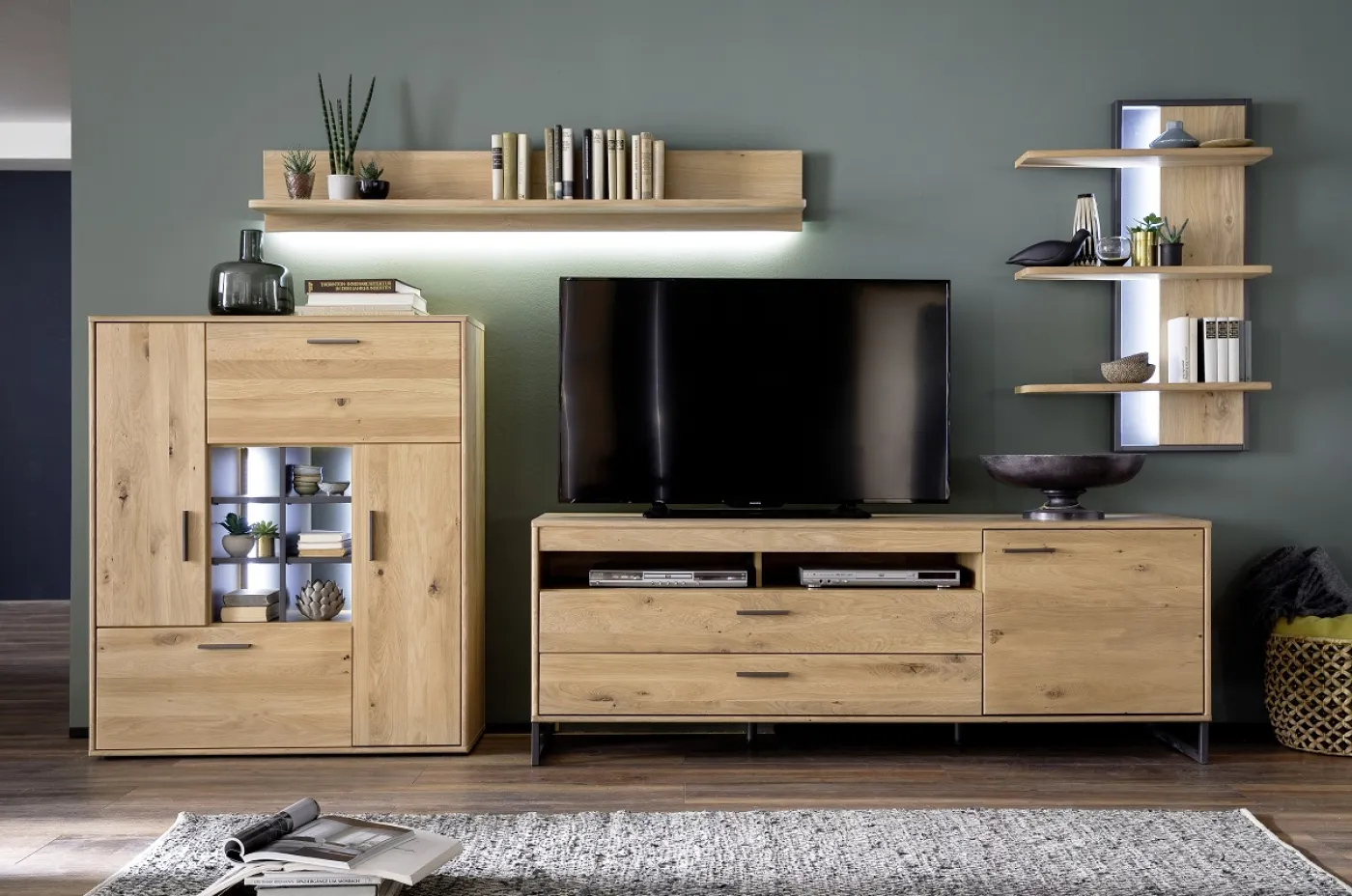 Wohnwand Anbauwand Portland | Asteiche Bianco massiv | 4-teilig