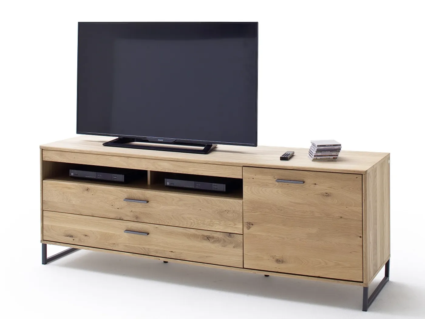 Wohnwand Anbauwand Portland | Asteiche Bianco massiv | 4-teilig | LED Beleuchtung