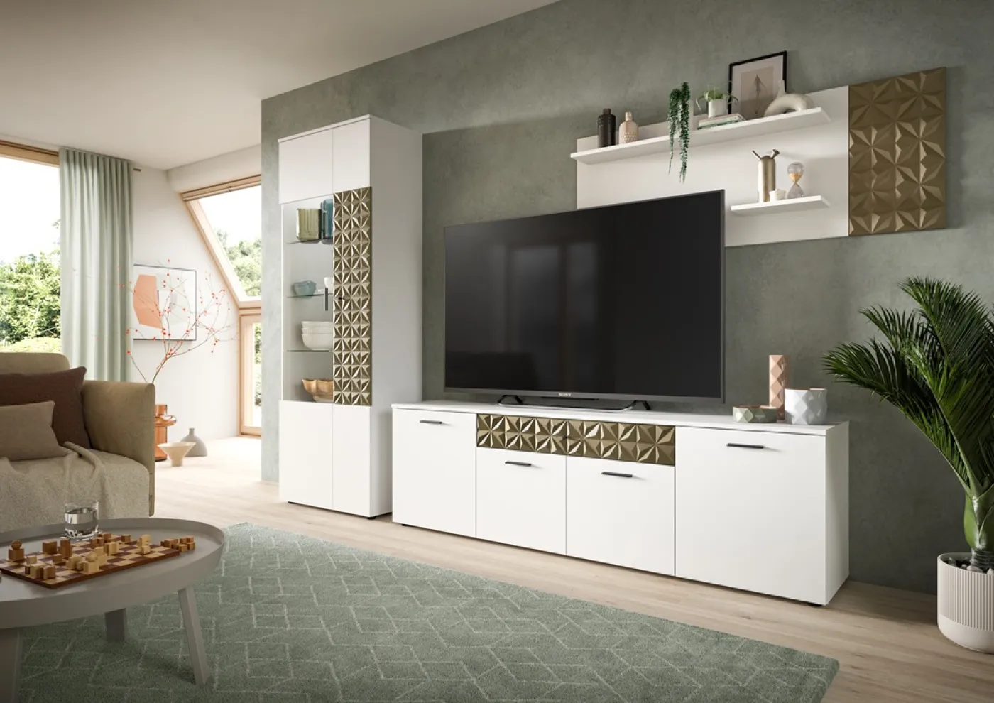 Wohnwand Anbauwand Prisma | 3-teilig | weiß / Gold | LED Beleuchtung