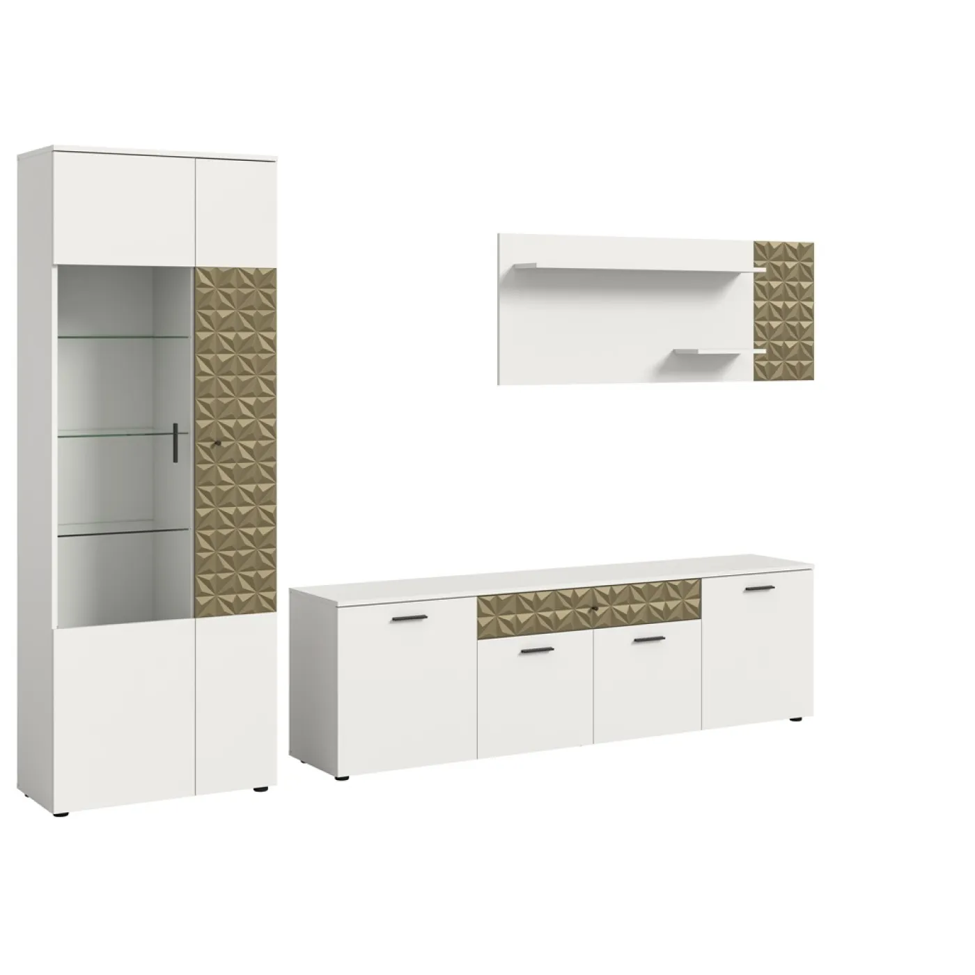 Wohnwand Anbauwand Prisma | 3-teilig | weiß / Gold | LED Beleuchtung