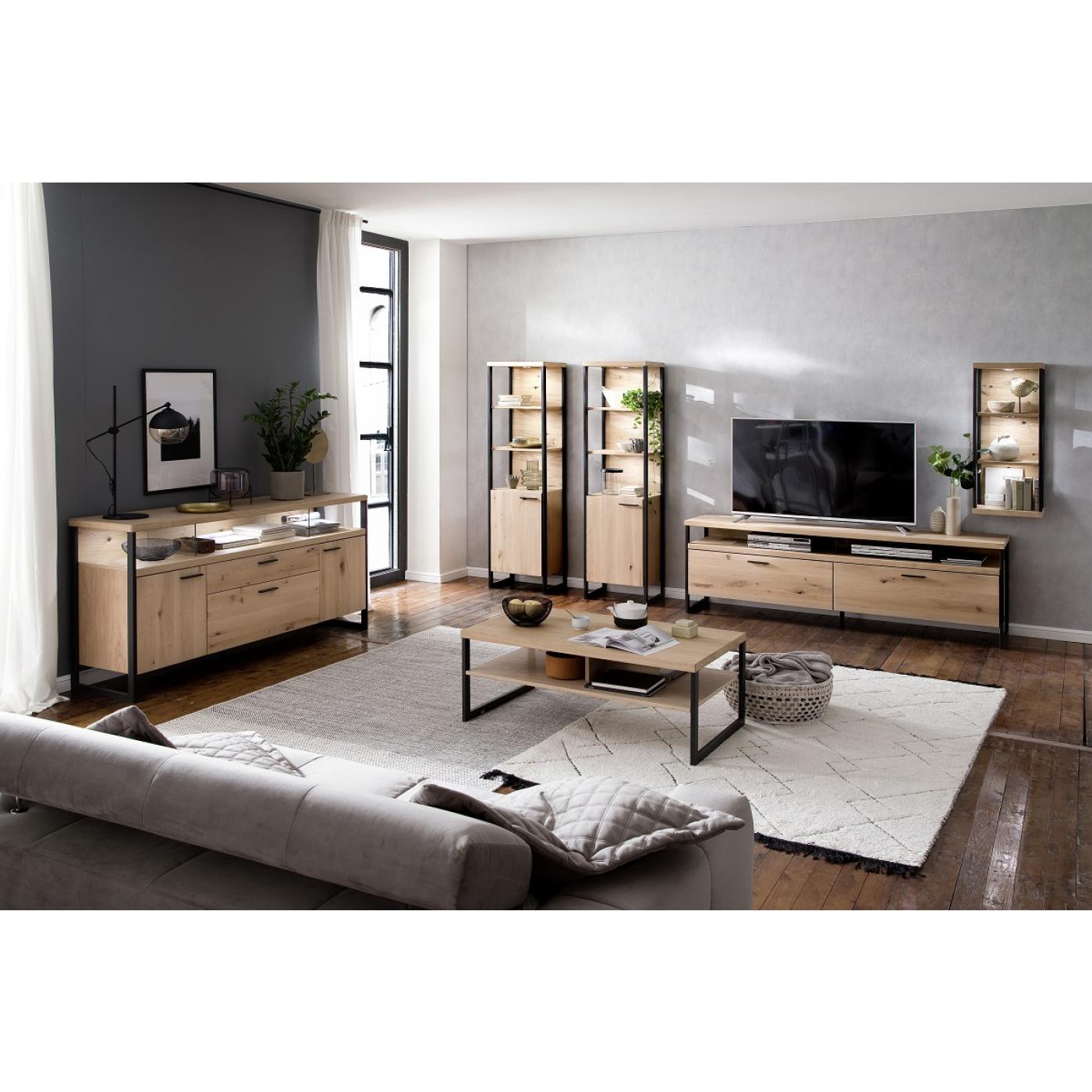 Wohnwand Anbauwand Salerno | Balkeneiche / Eiche Bianco | 4-teilig | LED Beleuchtung