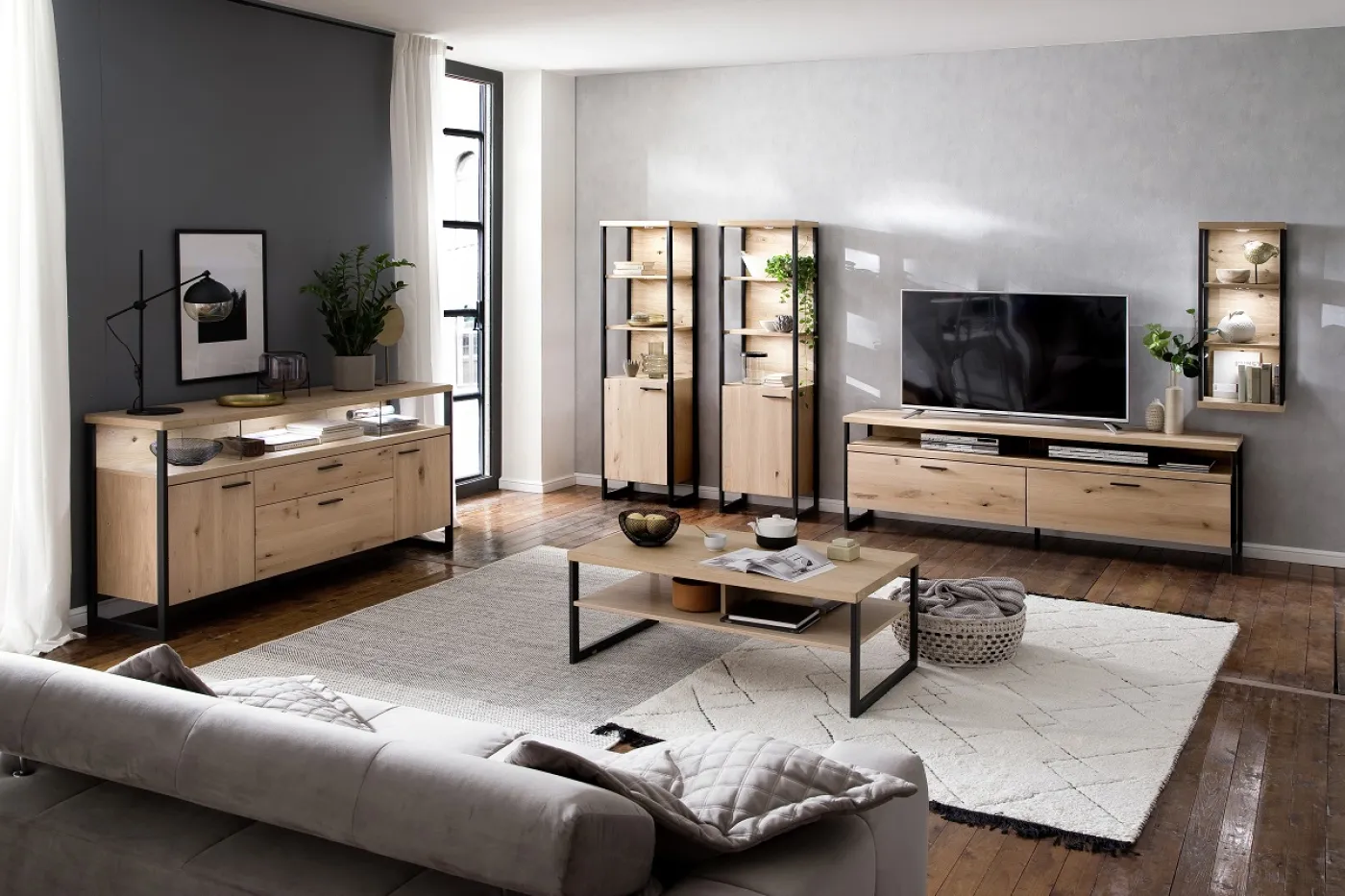 Wohnwand Anbauwand Salerno | Balkeneiche / Eiche Bianco | 4-teilig