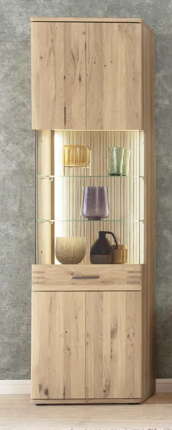 Wohnwand Anbauwand Salvador 1 | Balkeneiche Bianco | 4-teilig | LED Beleuchtung Highboard mit 2er Set LED Bandbeleuchtung 30 cm Wandboard mit 1er Set LED Bandbeleuchtung 165 cm Vitrine ohne Beleuchtung