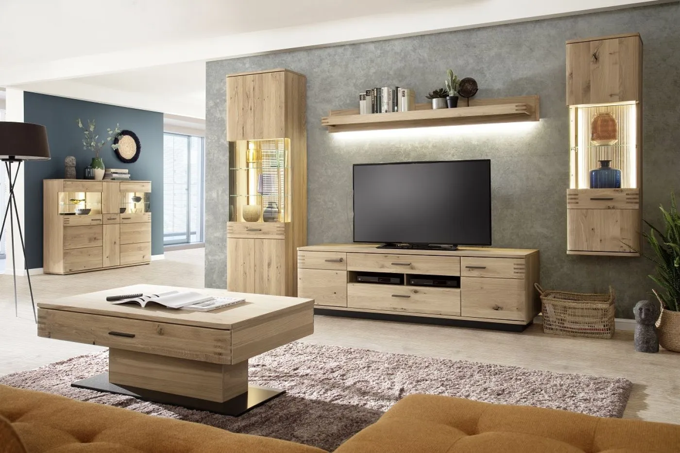 Wohnwand Anbauwand Salvador | Balkeneiche Bianco | 4-teilig | LED 1