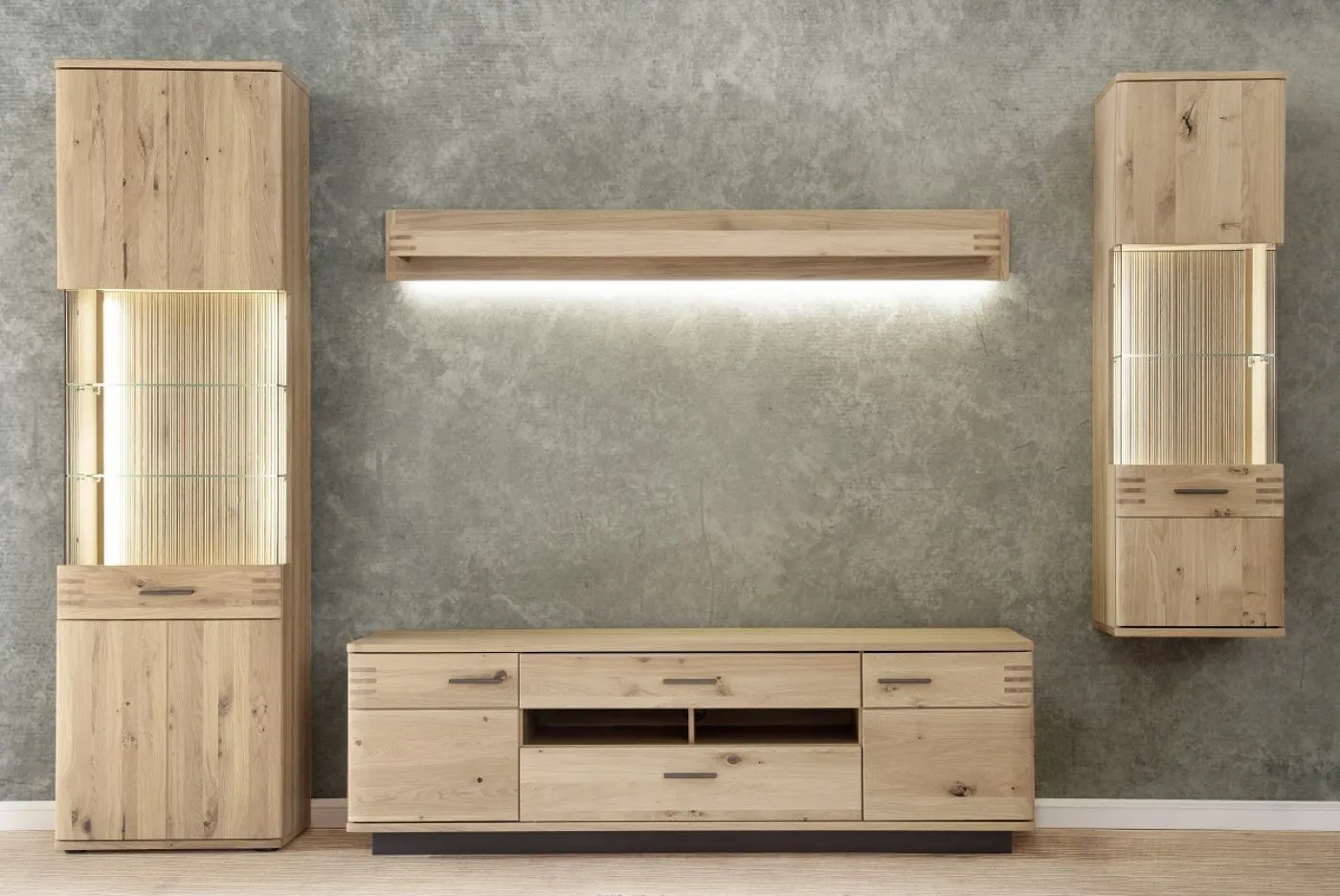 Wohnwand Anbauwand Salvador | Balkeneiche Bianco | 4-teilig | LED 6