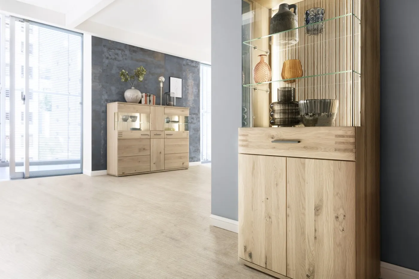 Wohnwand Anbauwand Salvador | Balkeneiche Bianco | 4-teilig | LED Beleuchtung