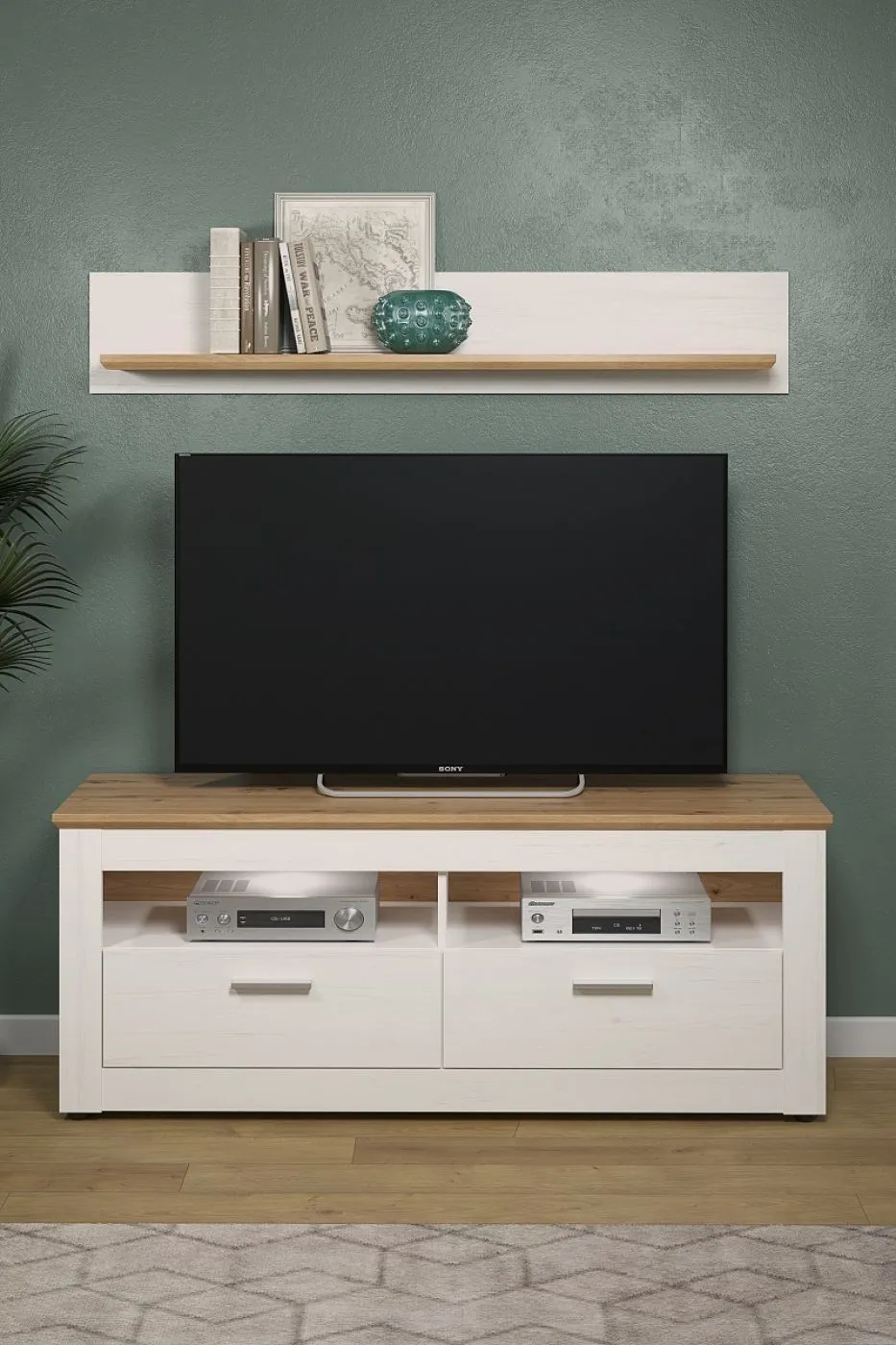Wohnwand Anbauwand Shade | Andersen Pinie weiß / Artisan Eiche | Landhausstil | 4-teilig | LED Beleuchtung 1
