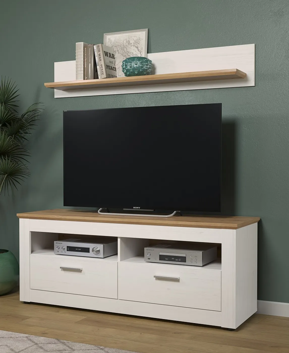 Wohnwand Anbauwand Shade | Andersen Pinie weiß / Artisan Eiche | Landhausstil | 4-teilig | LED Beleuchtung