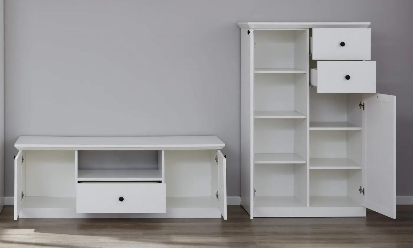 Wohnwand Baxter | weiß | Landhausstil | 2-teilig | LED Beleuchtung