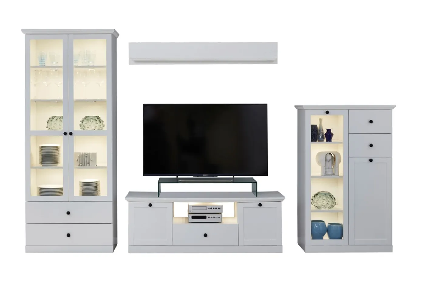 Wohnwand Baxter | weiß | Landhausstil | 4-teilig | LED Beleuchtung