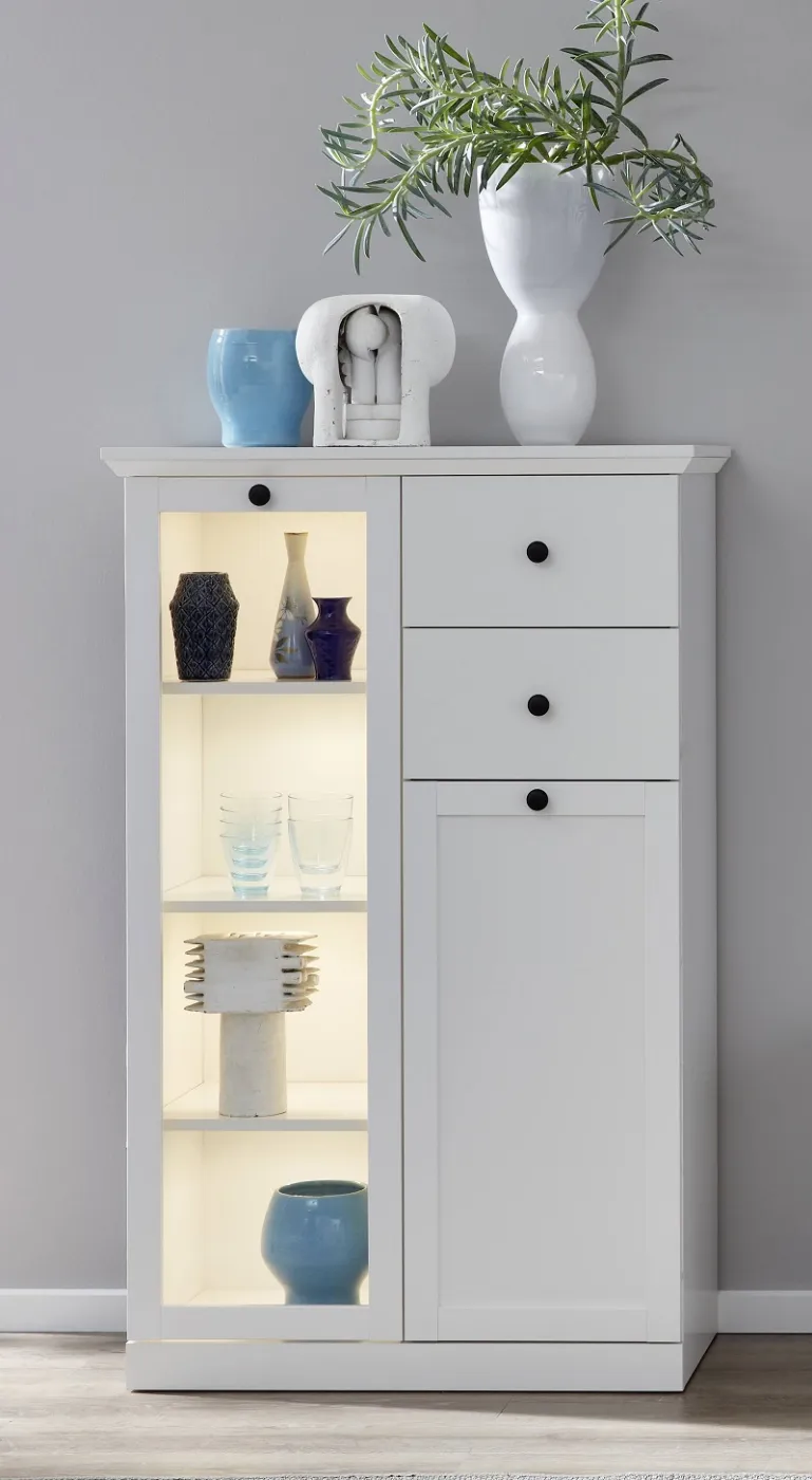 Wohnwand Baxter | weiß | Landhausstil | 4-teilig | LED Beleuchtung