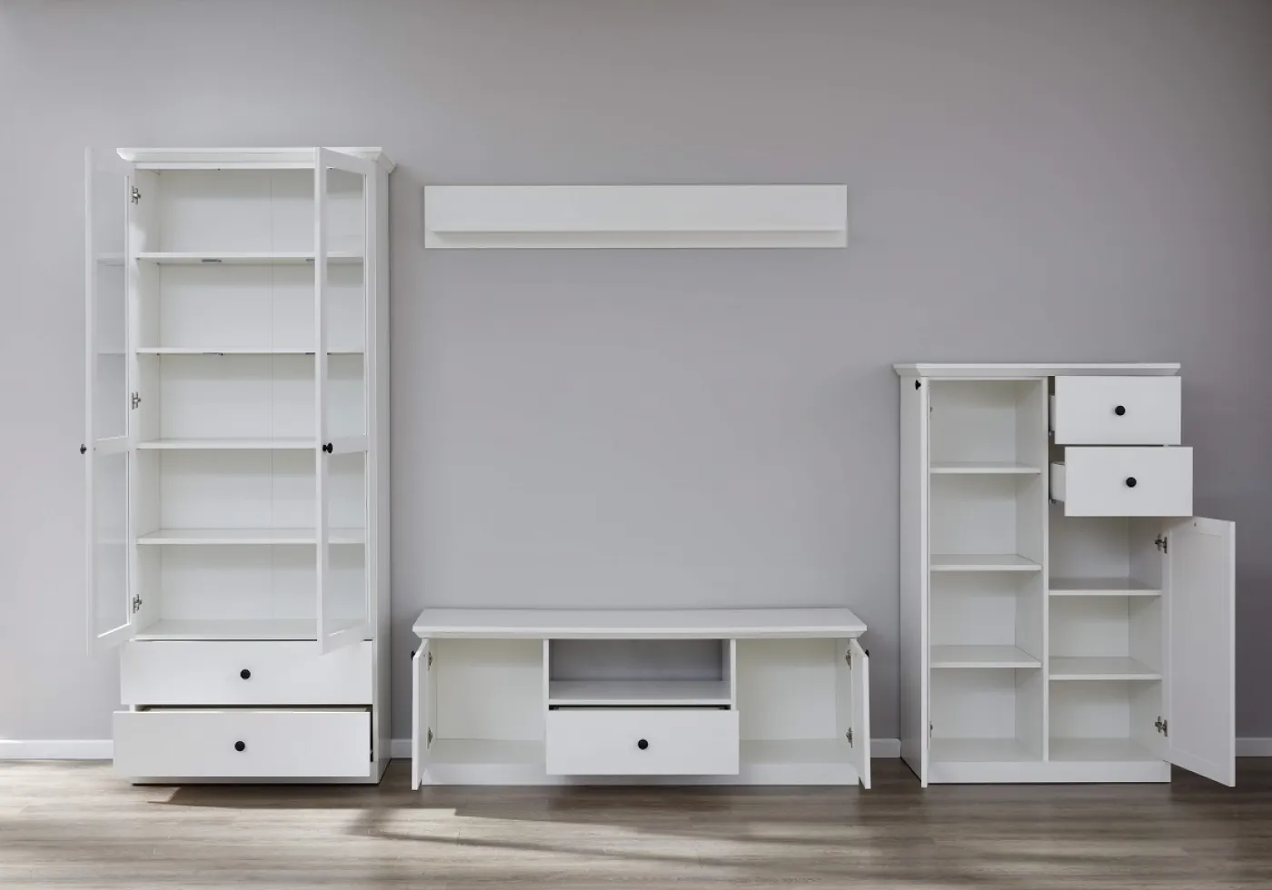 Wohnwand Baxter | weiß | Landhausstil | 4-teilig | LED Beleuchtung