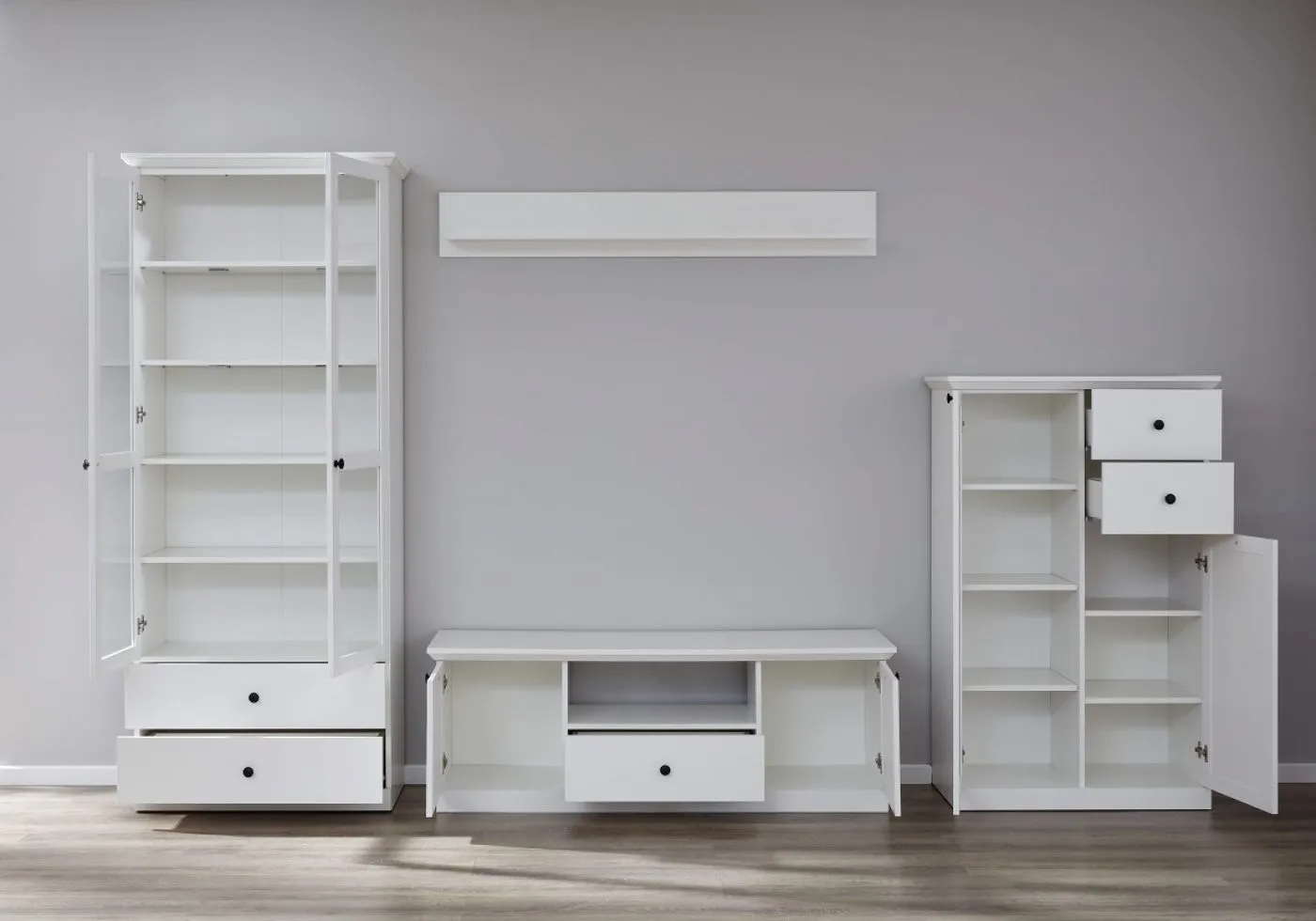 Wohnwand Baxter | weiß | Landhausstil | 4-teilig | LED Beleuchtung 5