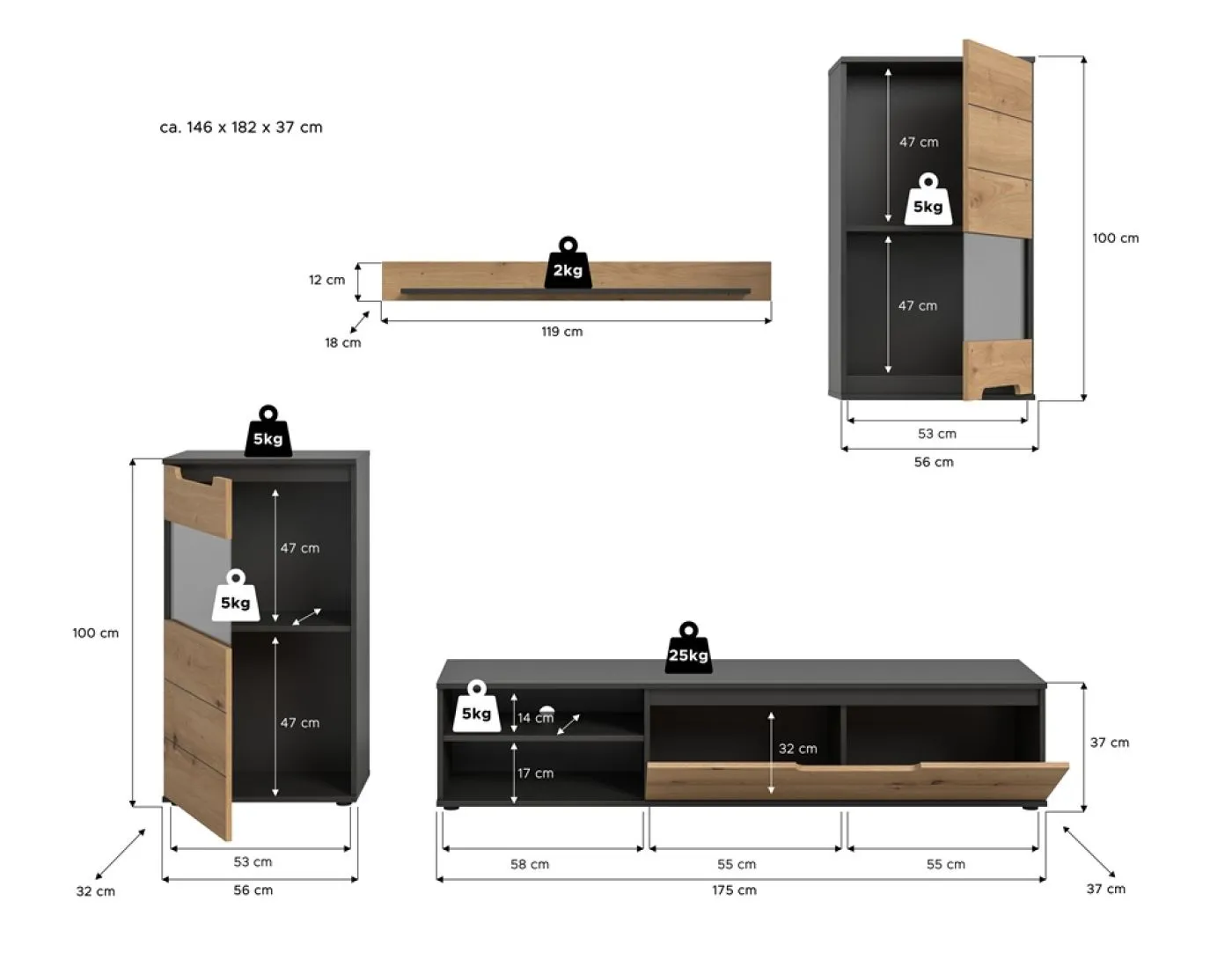 Wohnwand Cajak | Artisan / Basalt grau | 4-teilig