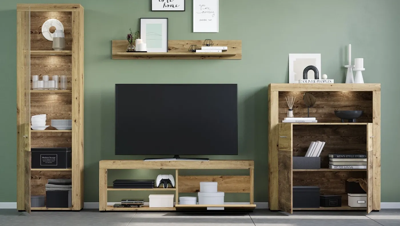 Wohnwand Fly | Artisan Eiche | 4-teilig | LED Beleuchtung Vitrine ohne Beleuchtung TV-Lowboard ohne Beleuchtung Highboard mit 2er Set LED Unterbausspots