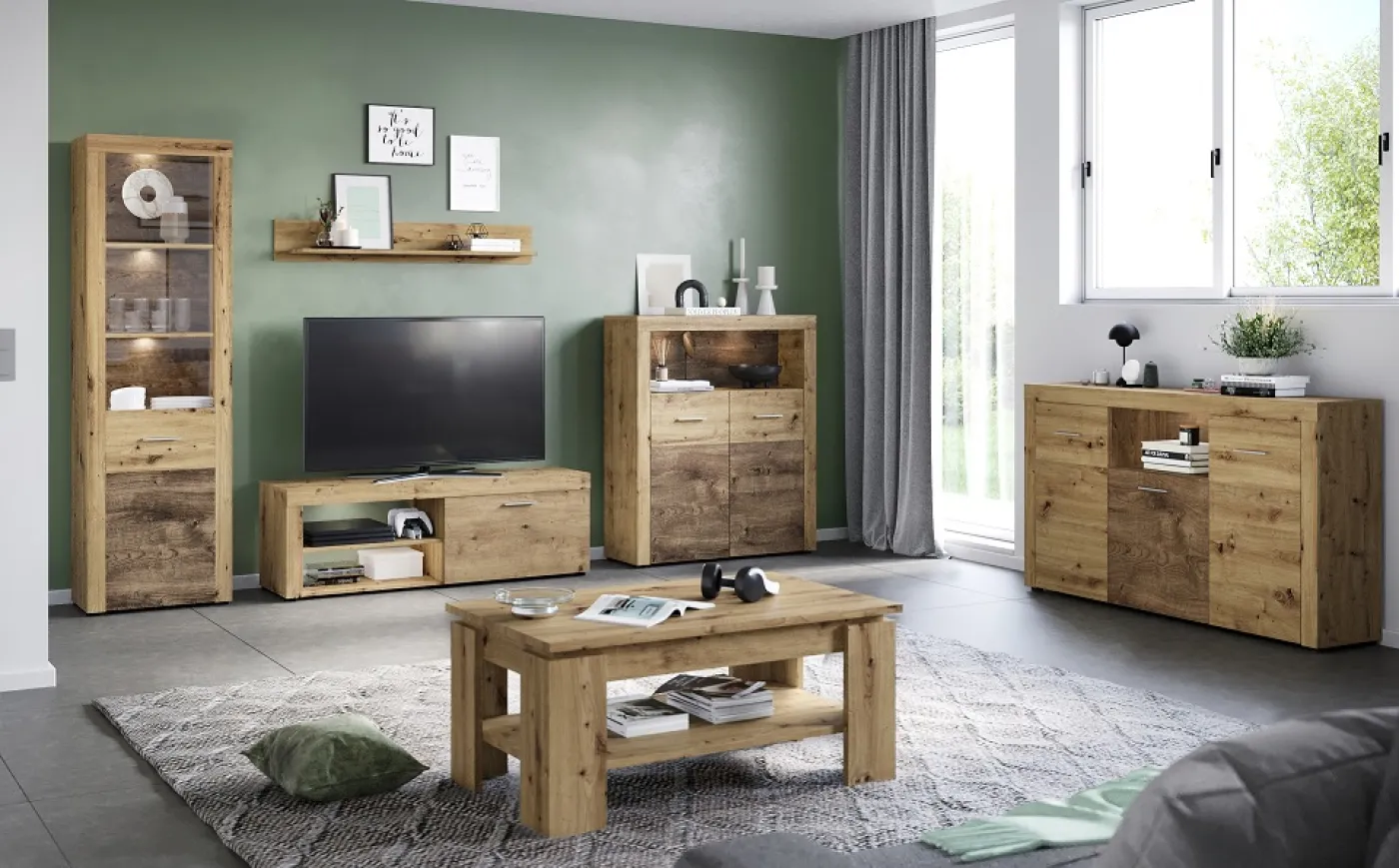 Wohnwand Fly | Artisan Eiche | 4-teilig | LED Beleuchtung Vitrine ohne Beleuchtung TV-Lowboard ohne Beleuchtung Highboard mit 2er Set LED Unterbausspots