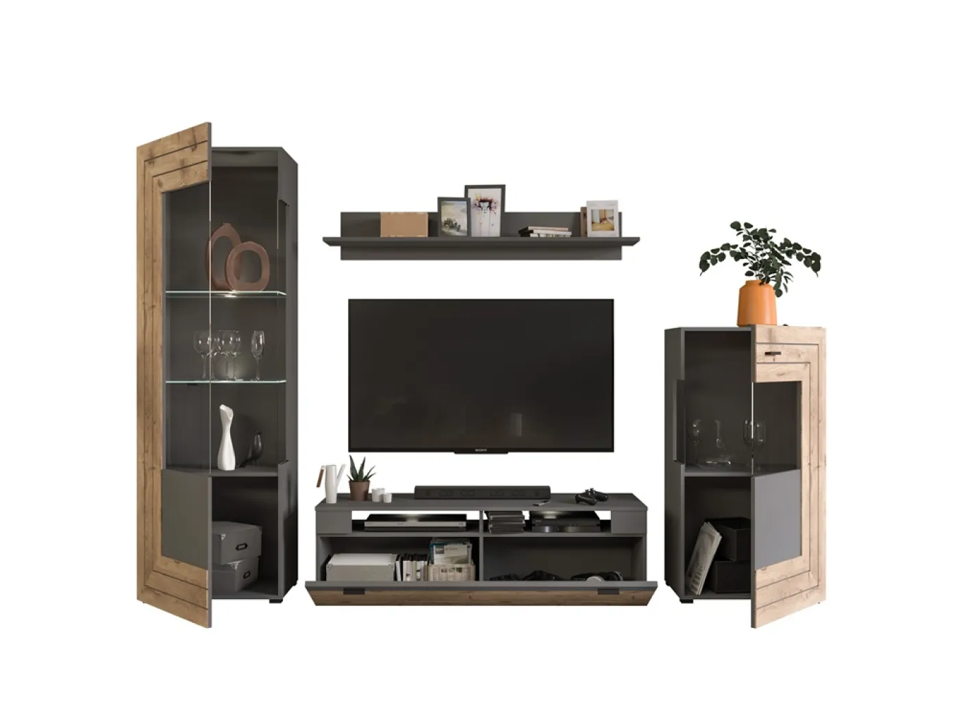 Wohnwand Freno | grau matt / Nox Oak | 4-teilig