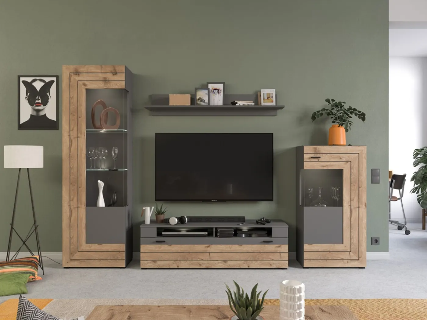 Wohnwand Freno | grau matt / Nox Oak | 4-teilig