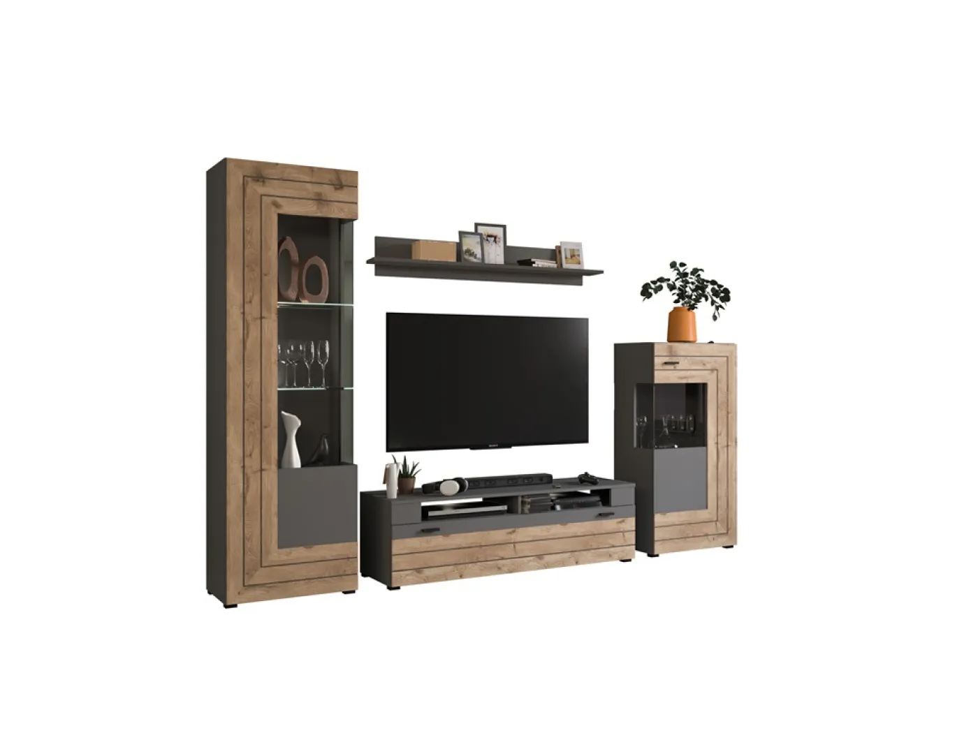 Wohnwand Freno | grau matt / Nox Oak | 4-teilig | LED Beleuchtung