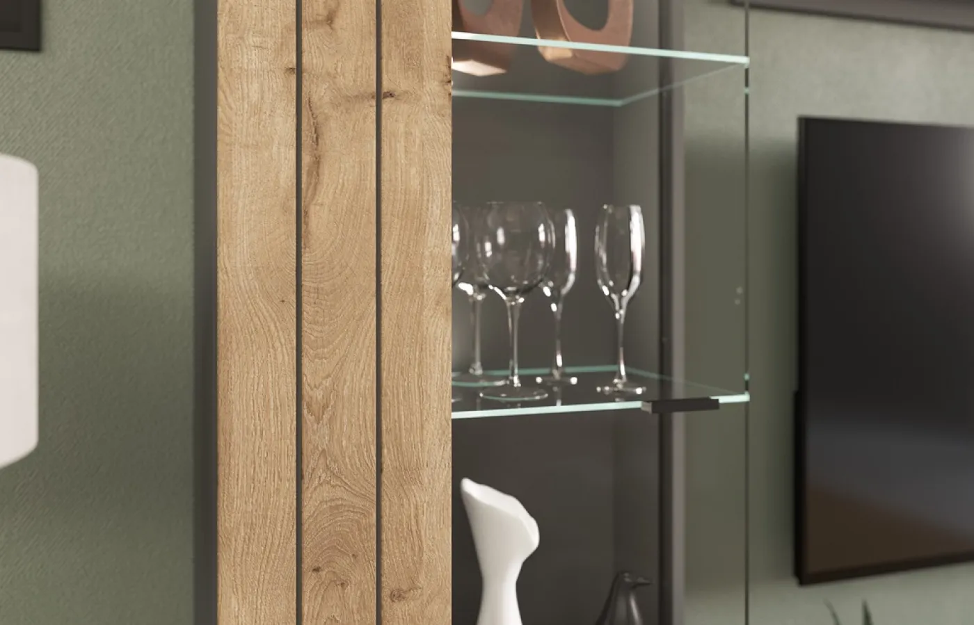 Wohnwand Freno | grau matt / Nox Oak | 4-teilig | LED Beleuchtung