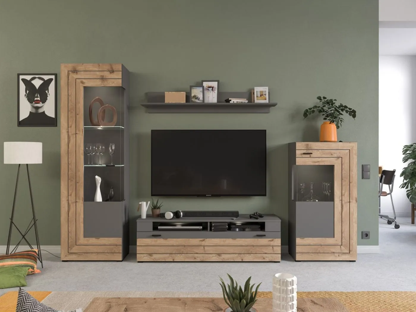 Wohnwand Freno | grau matt / Nox Oak | 4-teilig | LED Beleuchtung 3