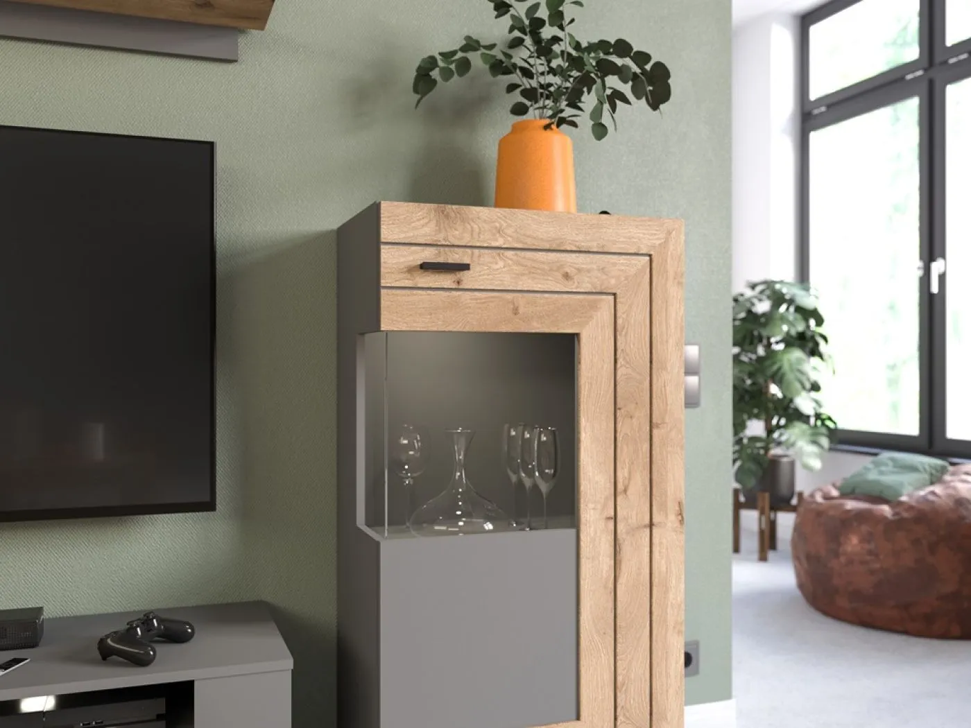 Wohnwand Freno | grau matt / Nox Oak | 4-teilig | LED Beleuchtung 4