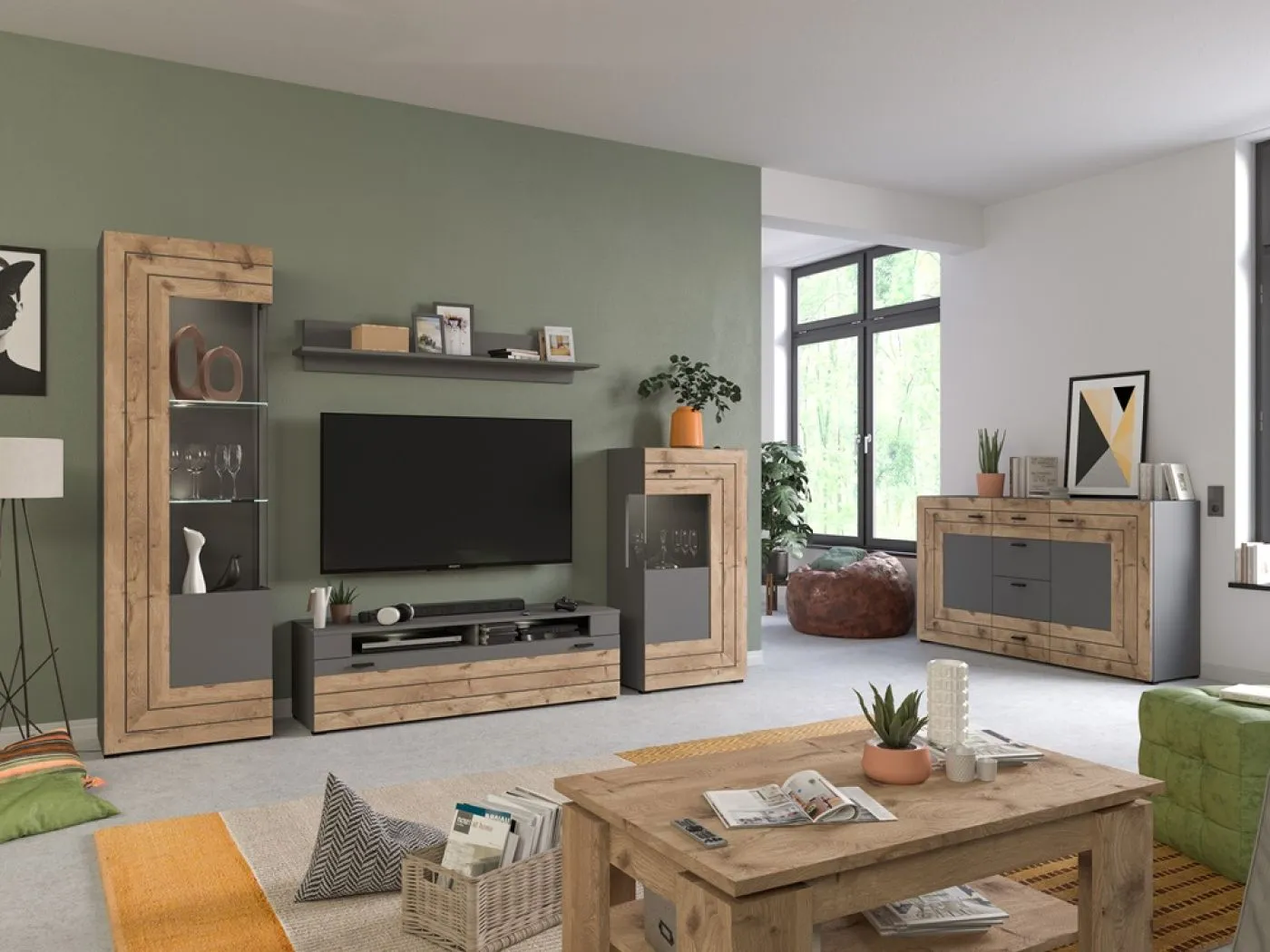 Wohnwand Freno | grau matt / Nox Oak | 4-teilig | LED Beleuchtung 7