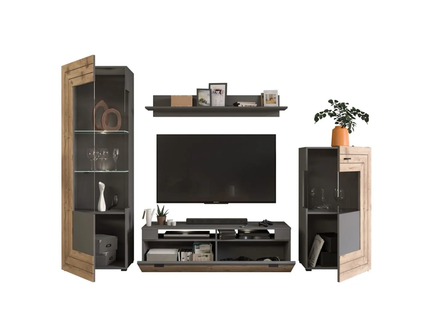 Wohnwand Freno | grau matt / Nox Oak | 4-teilig | LED Beleuchtung 7