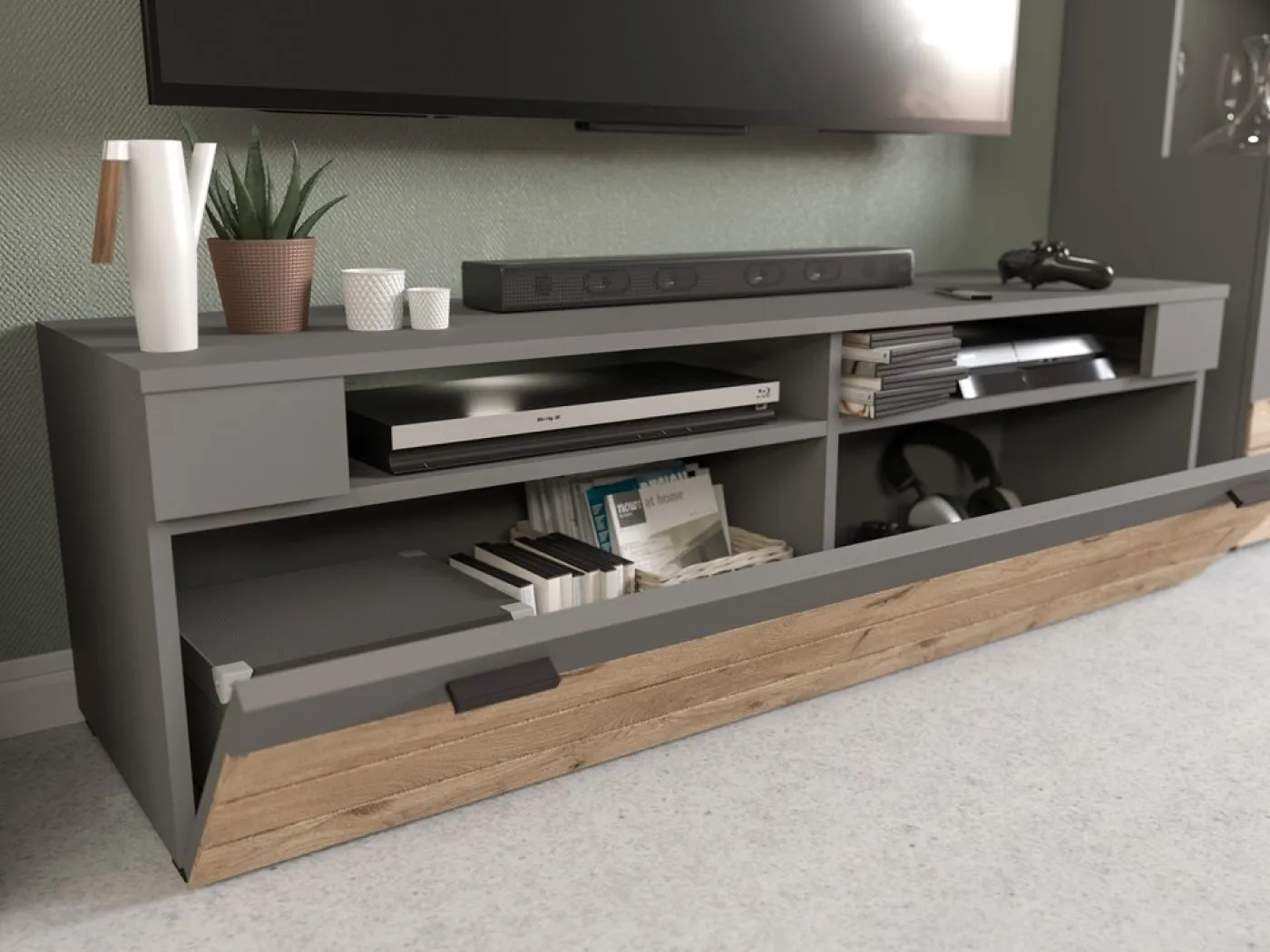 Wohnwand Freno | grau matt / Nox Oak | 4-teilig | LED Beleuchtung 7