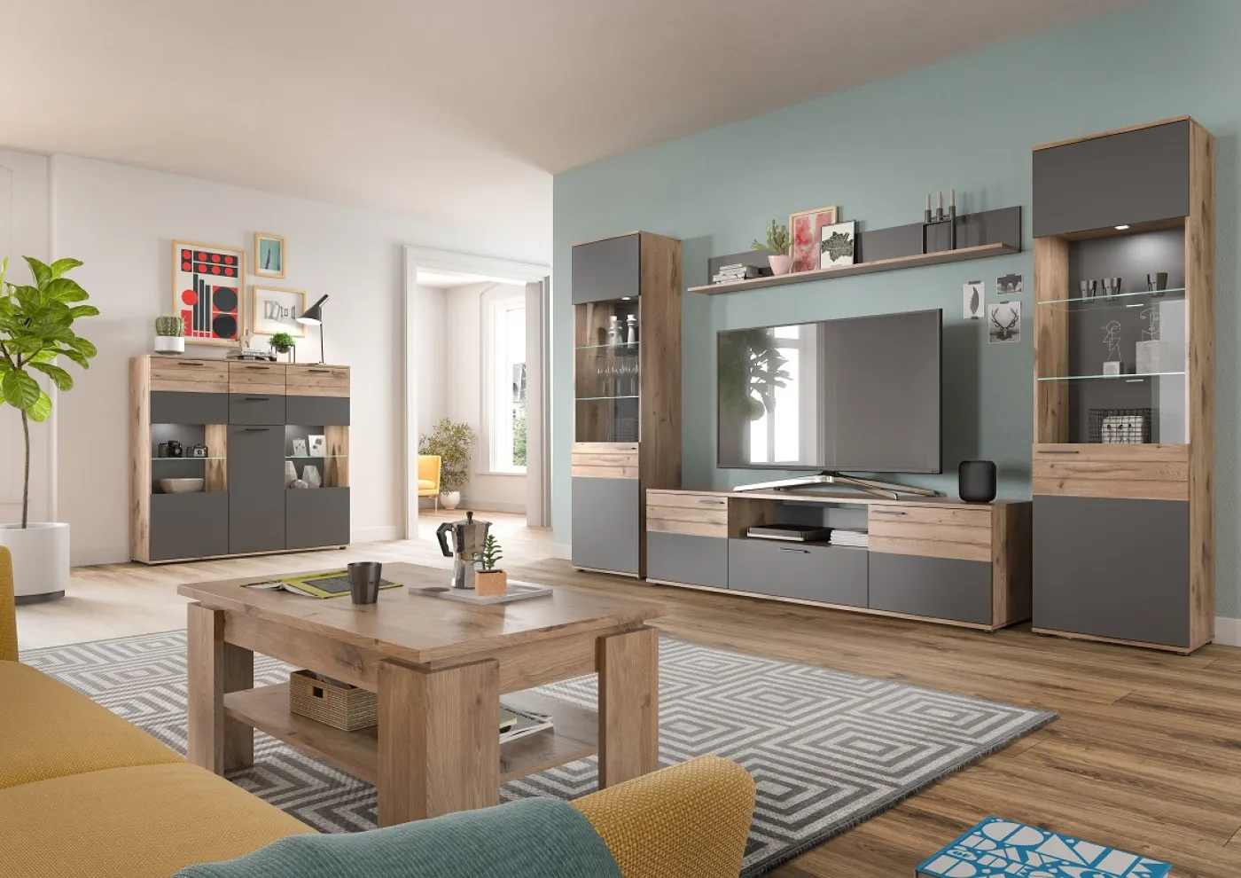 Wohnwand Mason 1 | Nox Oak / Basalt Grau | 4-teilig