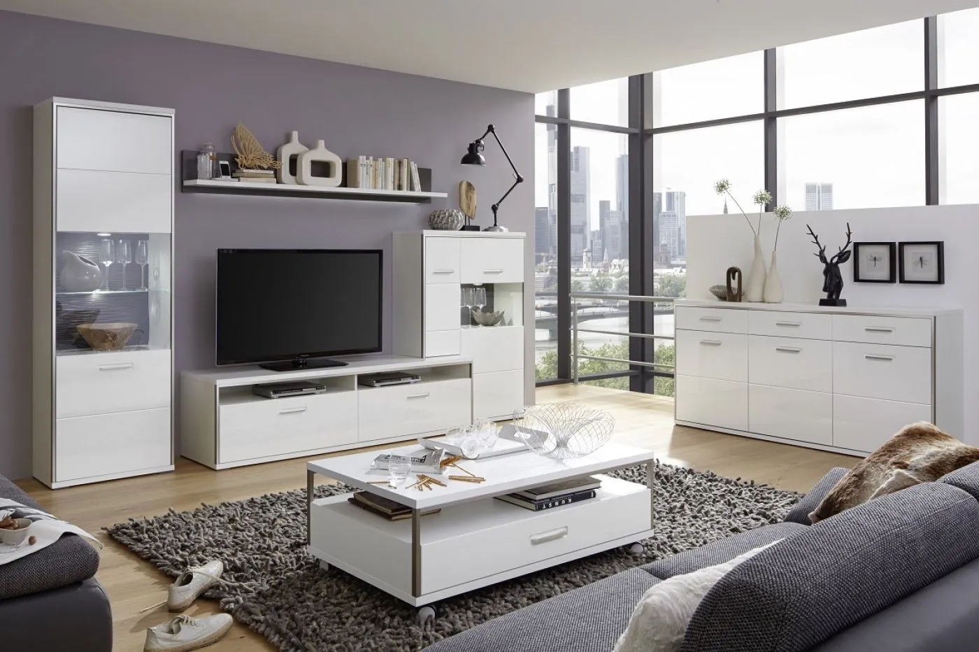 Wohnwand Trento 3, 4-teilig, weiß Hochglanz, im Wohnzimmer, TV-Schrank mit Wandregal, Vitrinenschrank und Hängeschrank – Ansicht 11