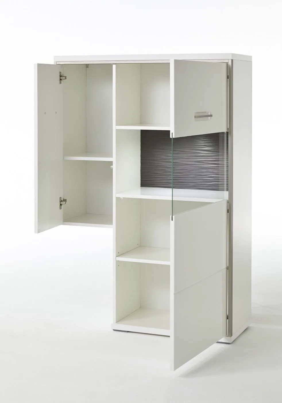 Wohnwand Trento 3, 4-teilig, weiß Hochglanz, im Wohnzimmer, TV-Schrank mit Wandregal, Vitrinenschrank und Hängeschrank – Ansicht 6