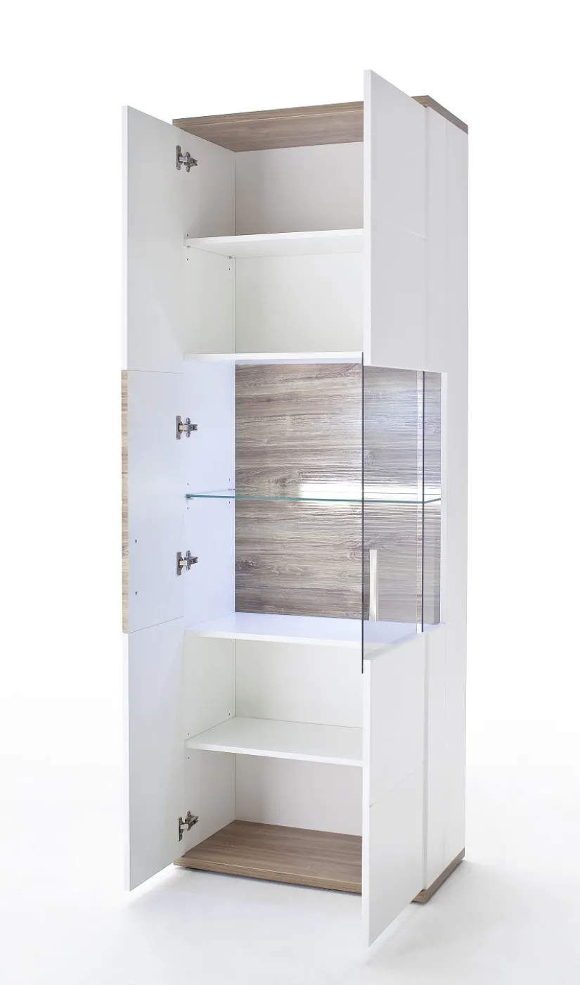 Wohnwand Wohnkombination 2 Luzern | weiß Hochglanz / Sterling Oak | 4-teilig | LED Beleuchtung