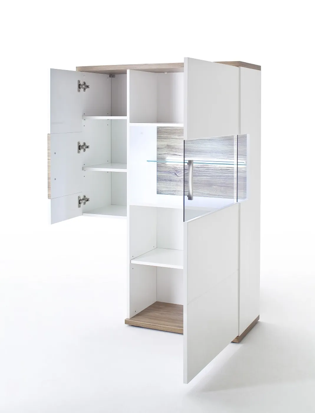 Wohnwand Wohnkombination 2 Luzern | weiß Hochglanz / Sterling Oak | 4-teilig | LED Beleuchtung