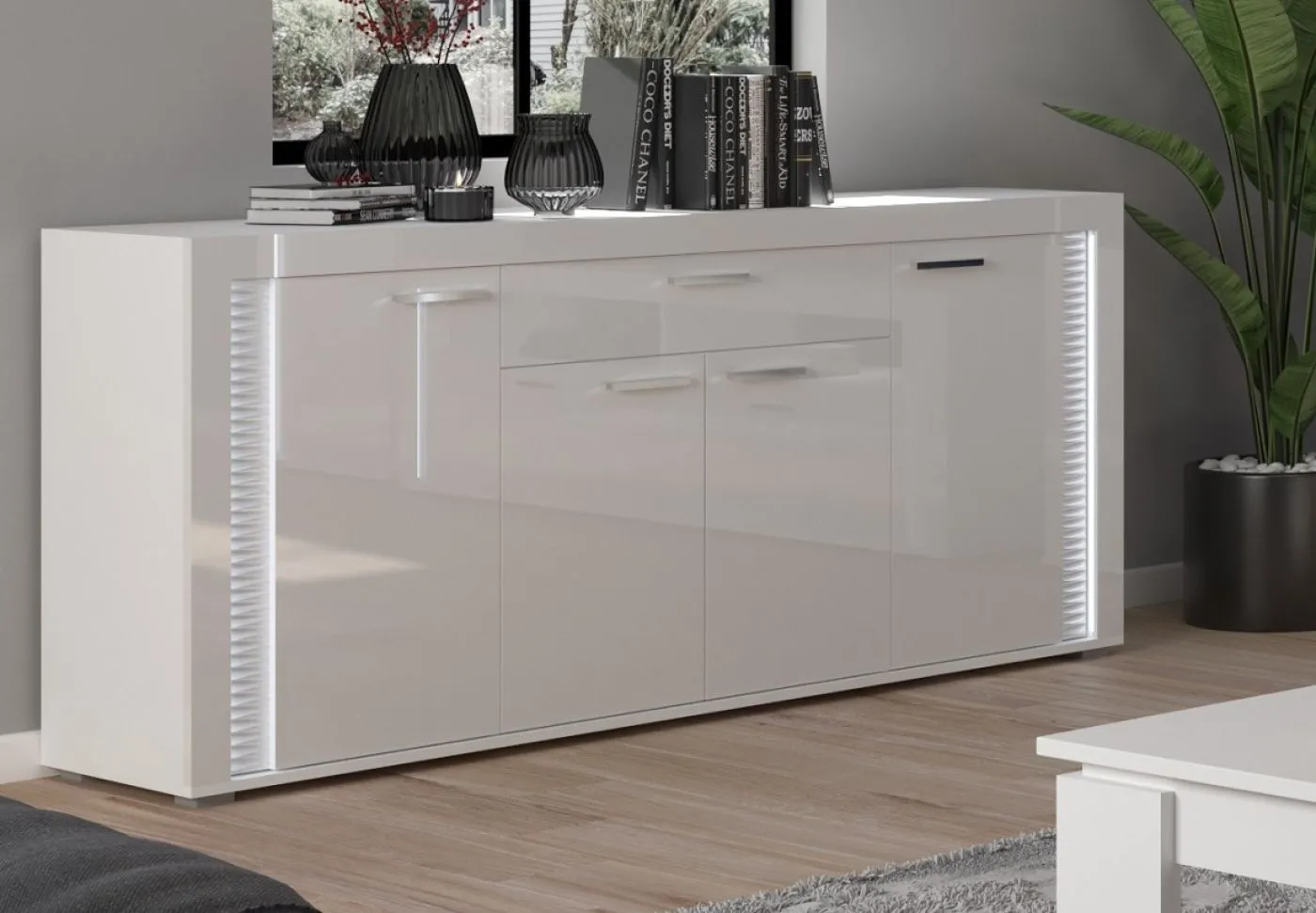 Wohnwand Wohnkombination 4 Skylight | weiß Hochglanz | 3-teilig | mit LED