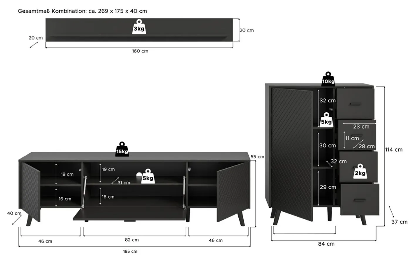 Wohnwand Wohnkombination Linea 2 | 3-teilig | grau