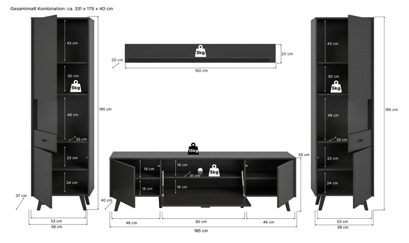 Wohnwand Wohnkombination Linea | 4-teilig | grau
