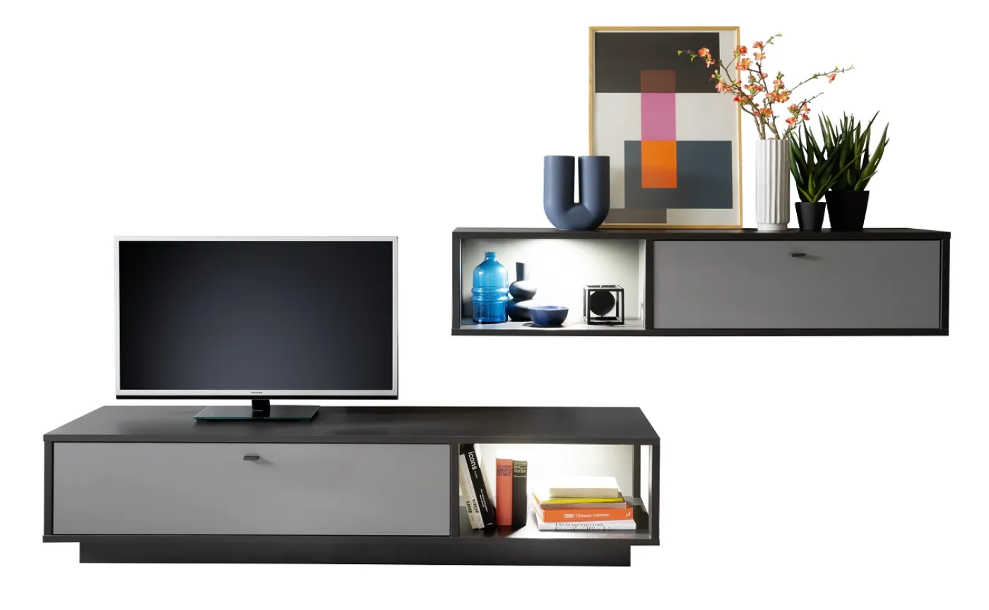 Wohnwand Wohnkombination Luxor | Royal Grey / anthrazit | 2-teilig