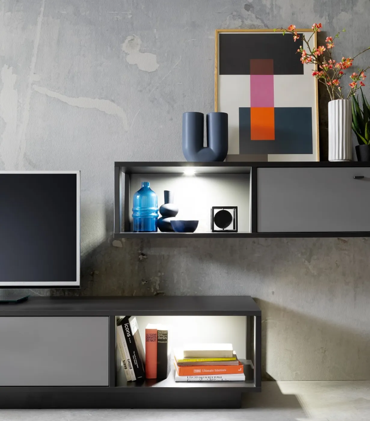 Wohnwand Wohnkombination Luxor | Royal Grey / anthrazit | 2-teilig | LED Beleuchtung