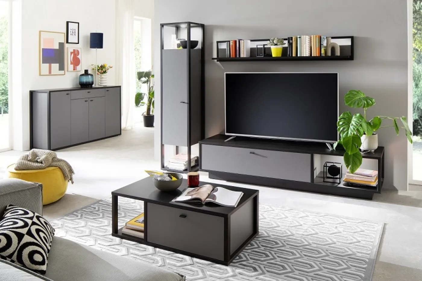 Wohnwand Wohnkombination Luxor | Royal grey / anthrazit | 3-teilig | LED Beleuchtung