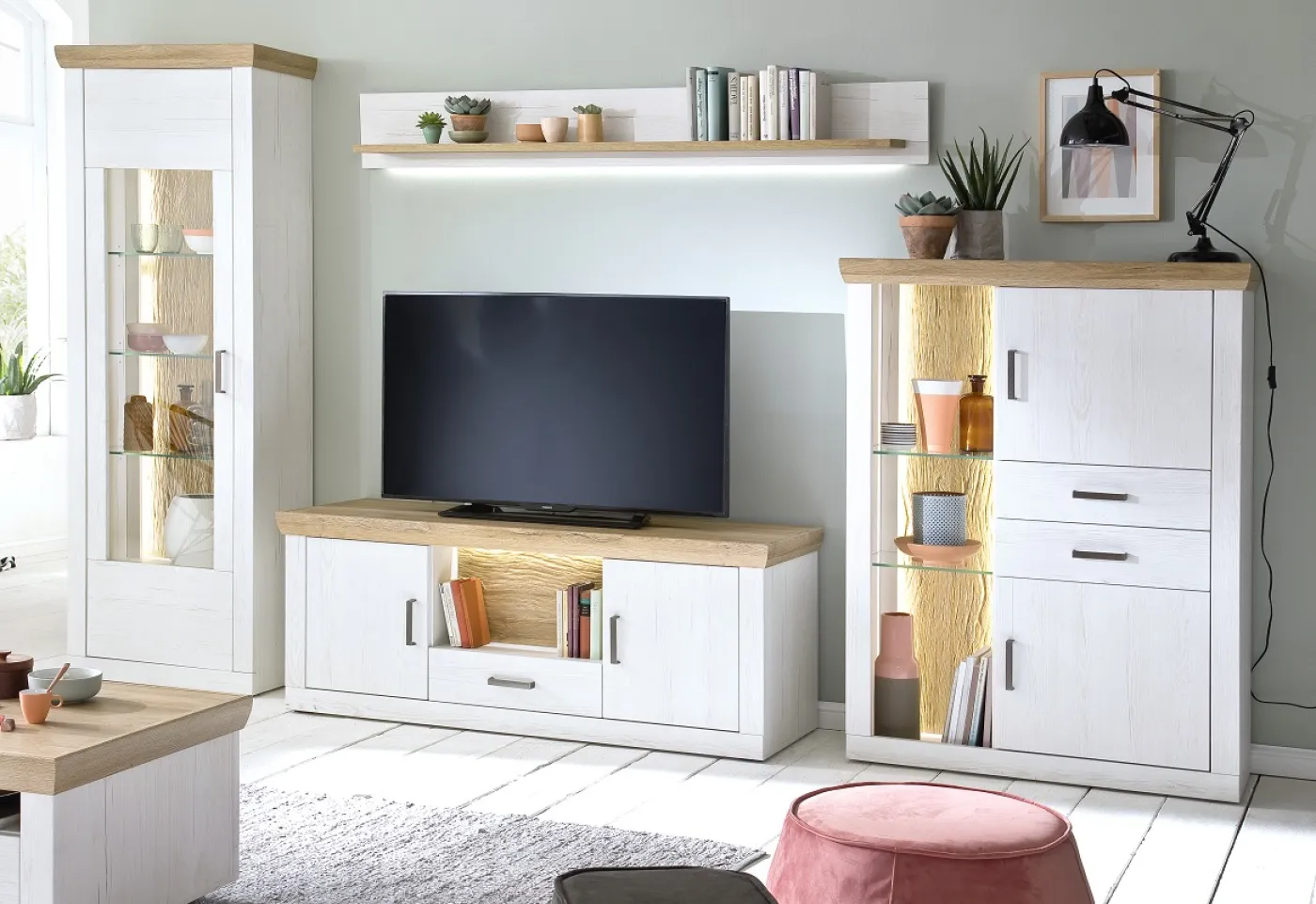 Wohnwand Wohnkombination Madrid | Landhaus | Pinie Aurelio/ Grandson Oak | 4-teilig | LED Beleuchtung