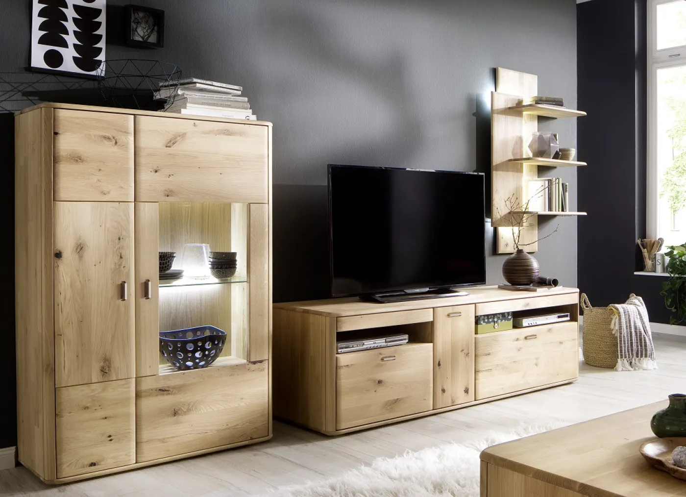 Wohnwand Wohnkombination Ravello 2 | Balkeneiche Bianco | 3-teilig